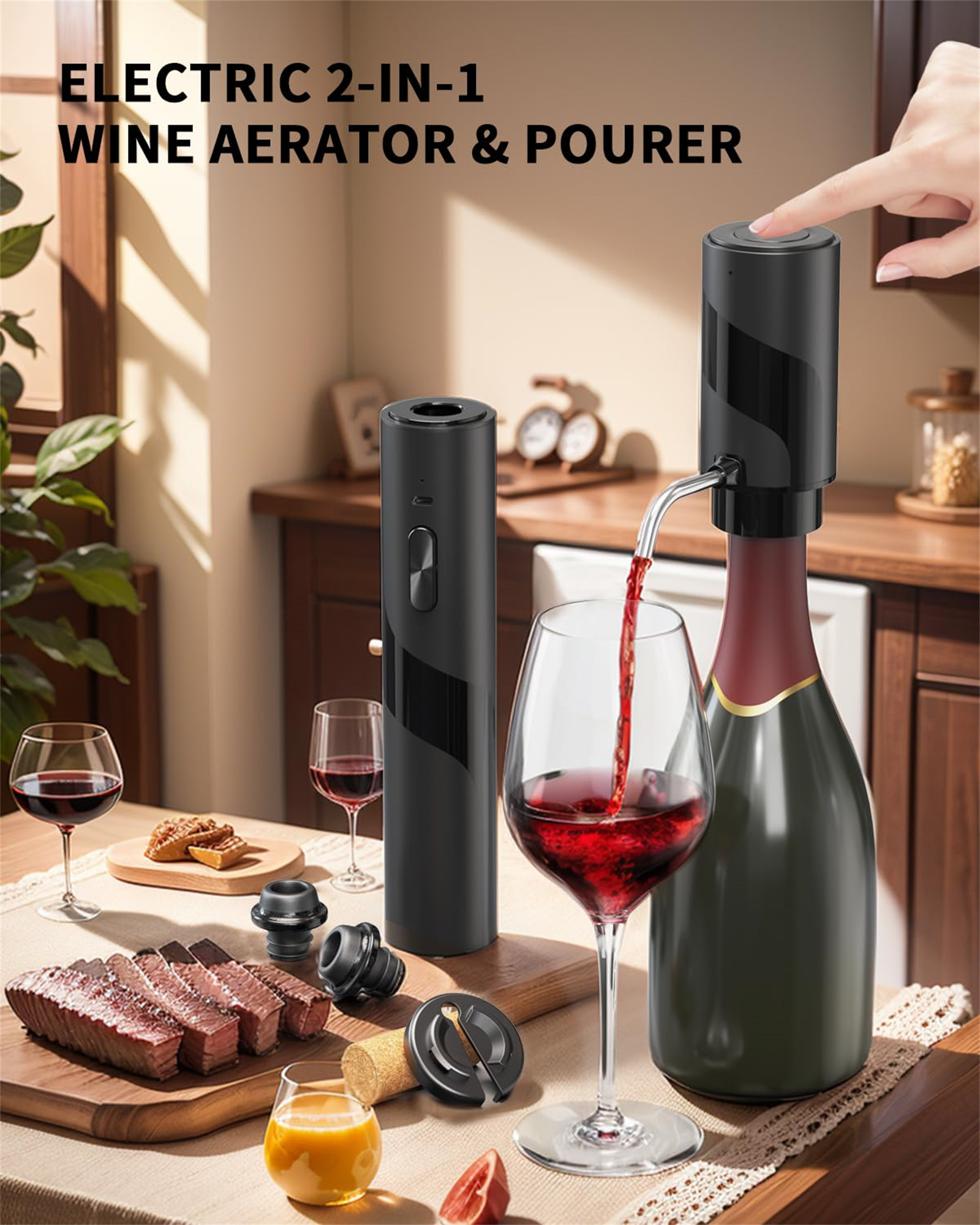 Wein wird aus einer Flasche mit einem schwarzen elektrischen Weinbelüfter in ein Glas gegossen.