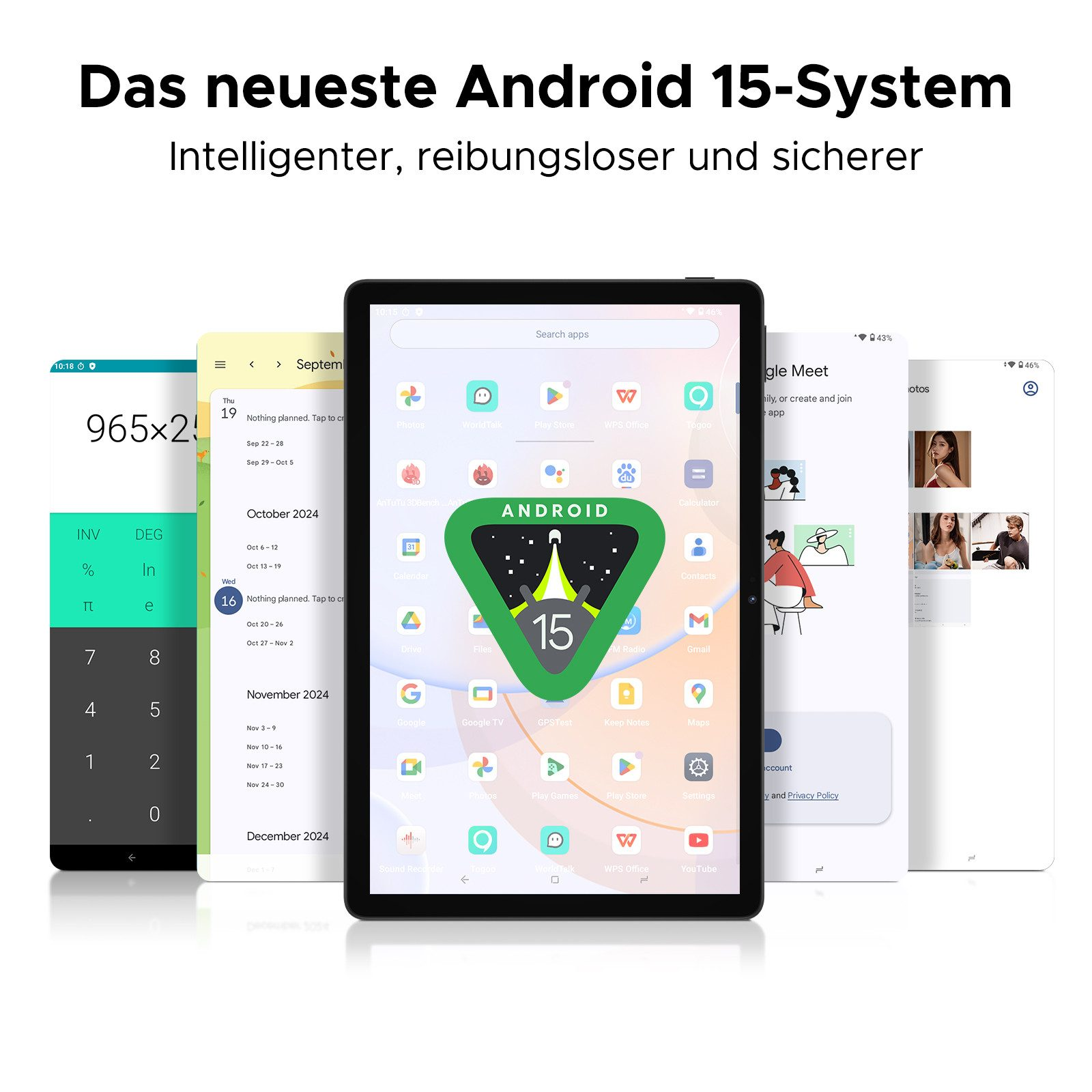Tablet, das Kalender und andere Apps anzeigt, mit einem Taschenrechner und einem Telefon links.
