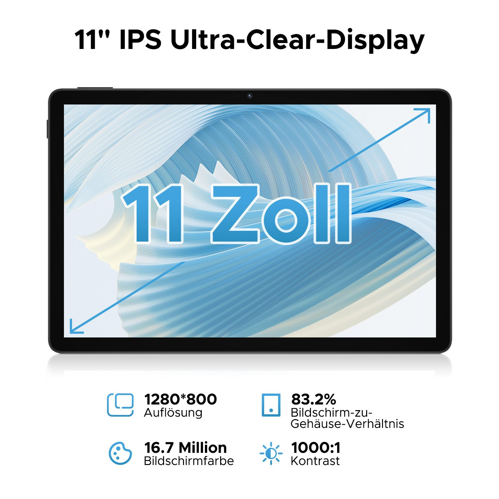 Schwarzes Tablet mit 11-Zoll-Display, das Informationen zu Auflösung, Farben und Kontrast anzeigt.