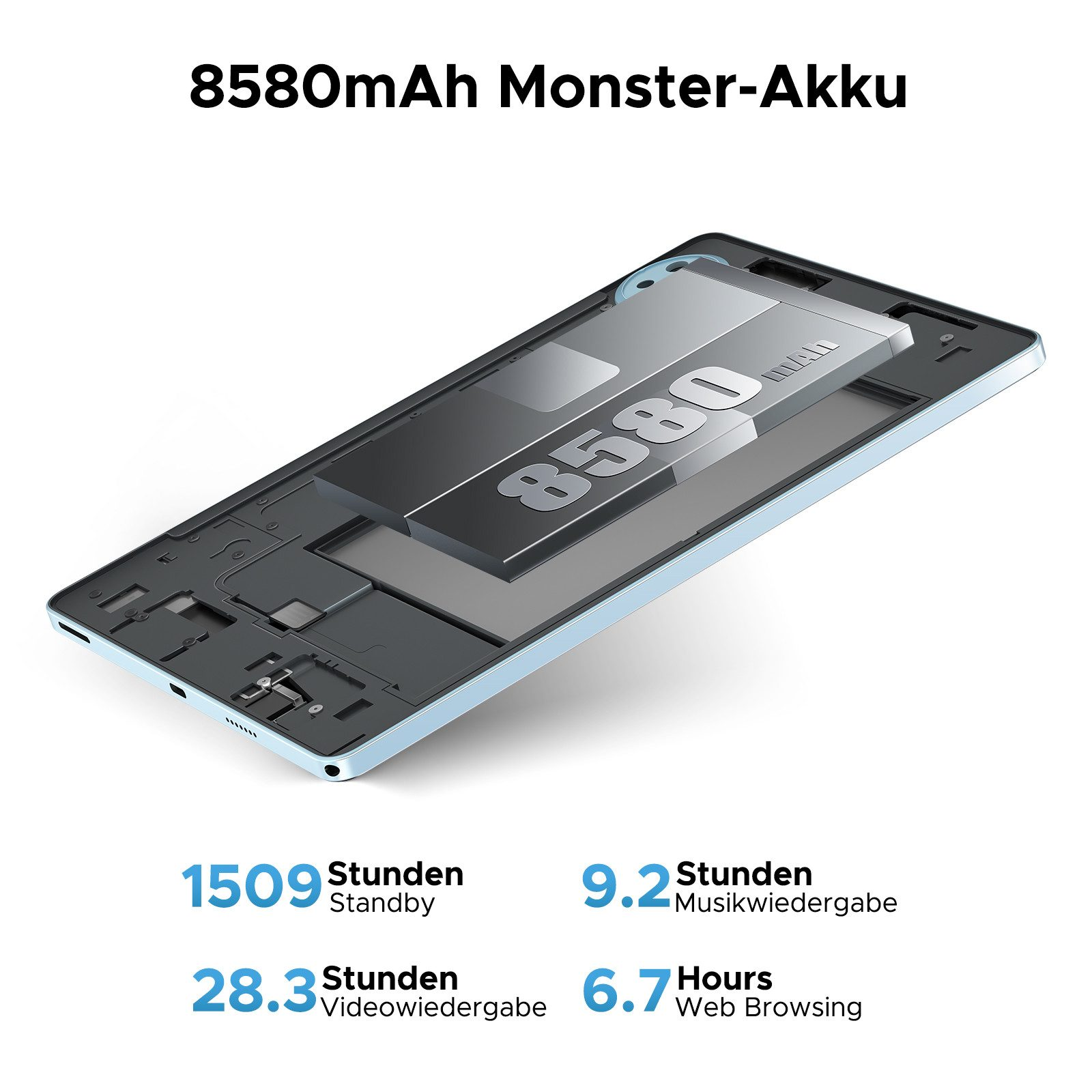 Offenes Telefon mit 8580mAh Akku. Text am unteren Rand, der Standby- und Nutzungszeiten angibt.