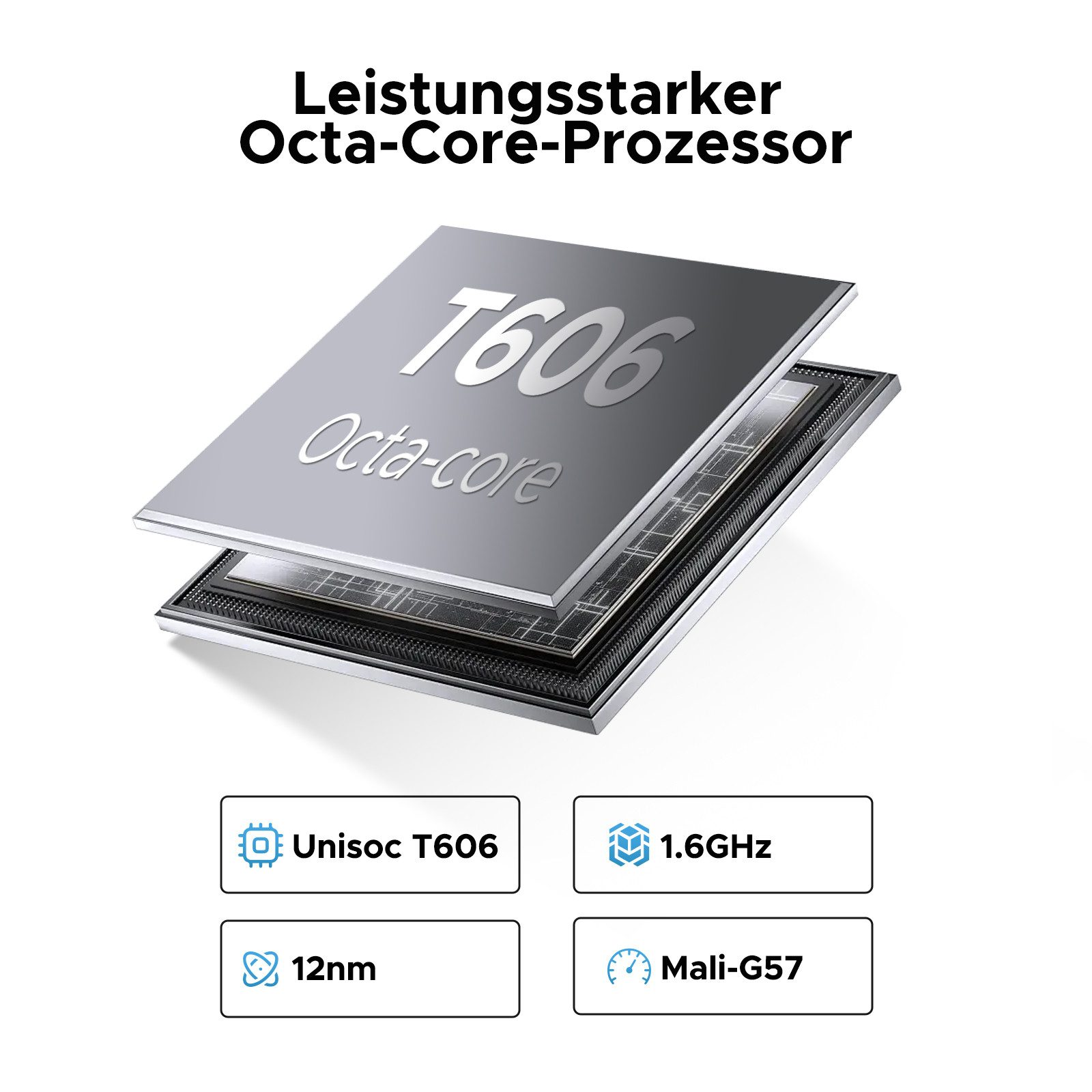 Silberner Prozessor mit Text und mehreren Funktionen. Der Text 'T606 Octa-Core' ist sichtbar.