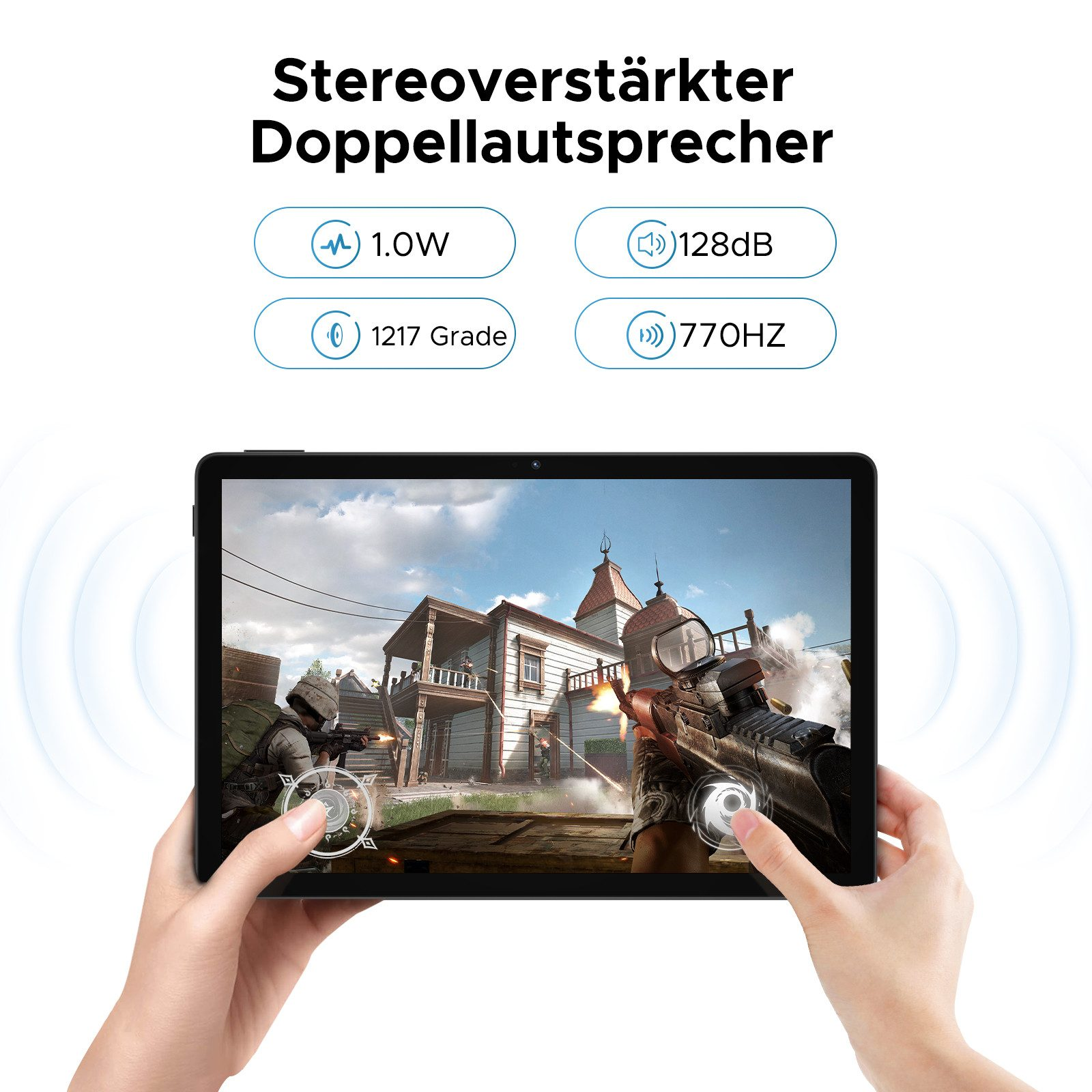 Tablet mit Händen, die den Bildschirm berühren, zeigt eine Spielszene und Text über den Lautsprecher.