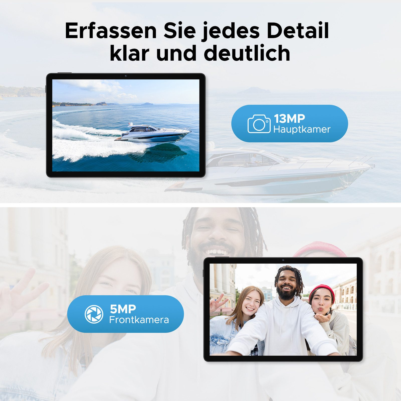 Tablet mit Bildern von Boot und Menschen, sowie Kamera-Labels.