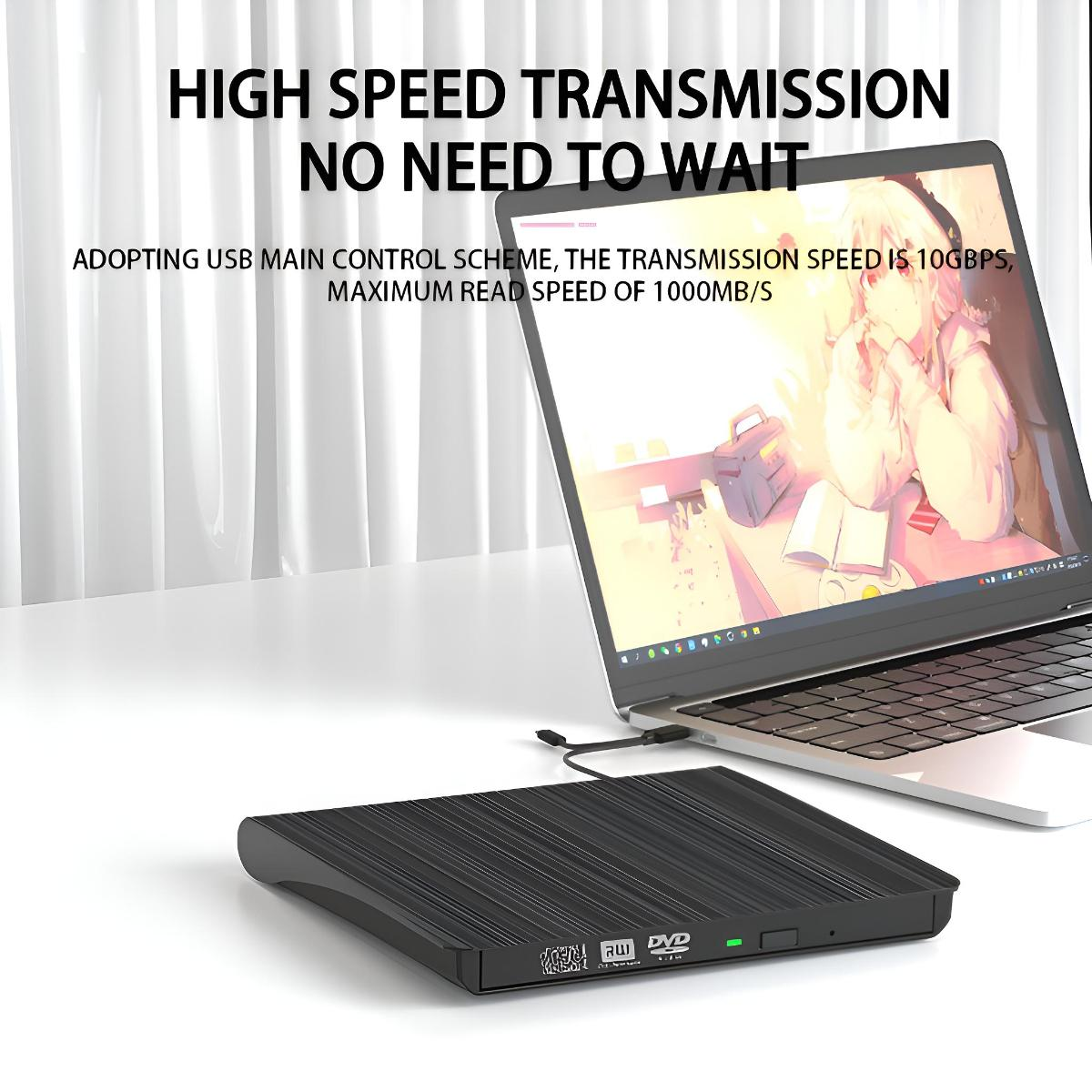 Schwarzes externes DVD-Laufwerk, das an einen Laptop angeschlossen ist. Der Text auf dem Gerät lautet 'HIGH SPEED TRANSMISSION'.