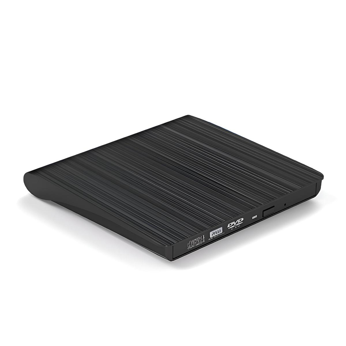 Schwarzes externes DVD-Laufwerk auf weißem Hintergrund. Zeigt die Frontplatte.