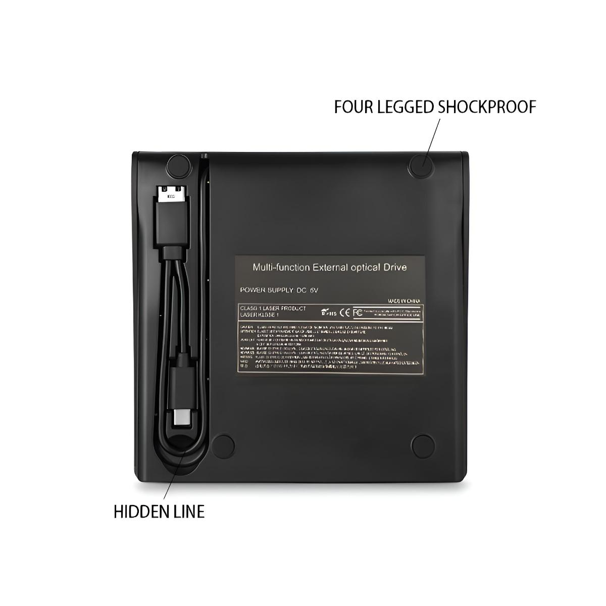 Die Unterseite eines schwarzen externen DVD-Laufwerks. Der Text lautet 'FOUR LEGGED SHOCKPROOF' und 'HIDDEN LINE'.