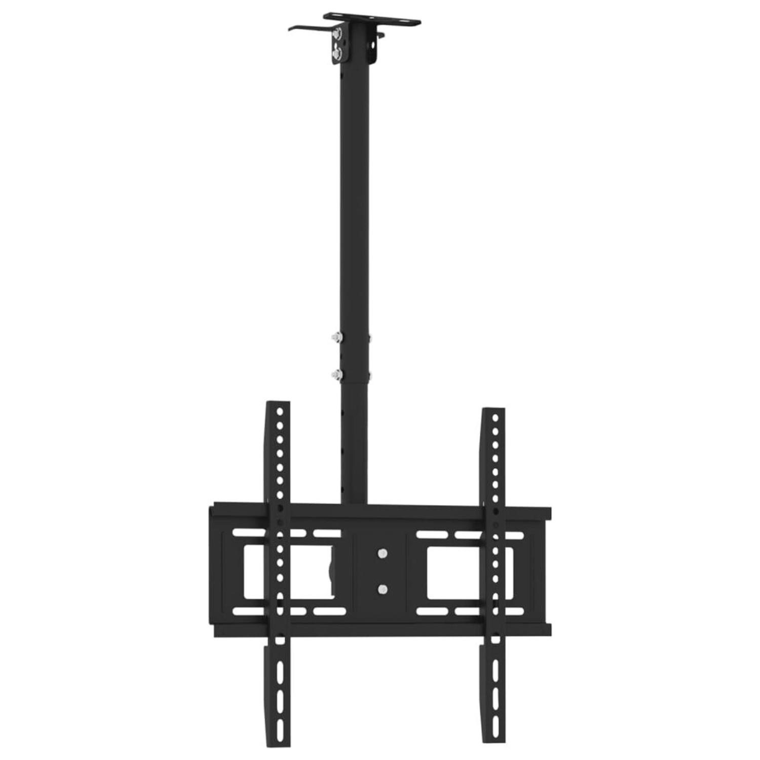 Eine schwarze TV-Deckenhalterung mit rechteckigem Design und zwei vertikalen Halterungen zur Aufnahme eines Fernsehers.