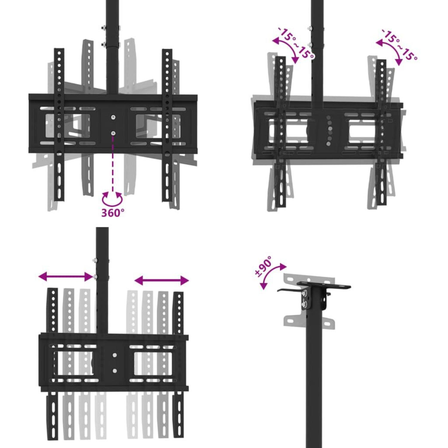 Diagramm einer TV-Deckenhalterung mit einstellbaren Funktionen, das verschiedene Betrachtungswinkel zeigt.