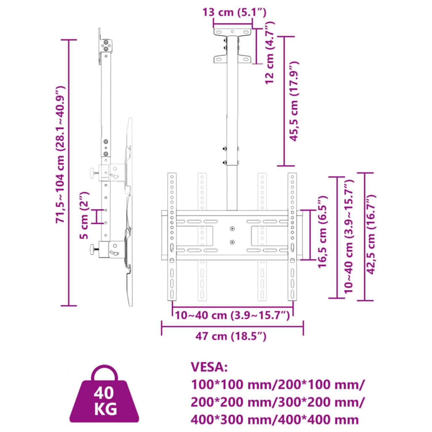 Diagramm einer TV-Deckenhalterung mit Abmessungen in cm und Zoll, mit einer Tragfähigkeit von 40 kg.