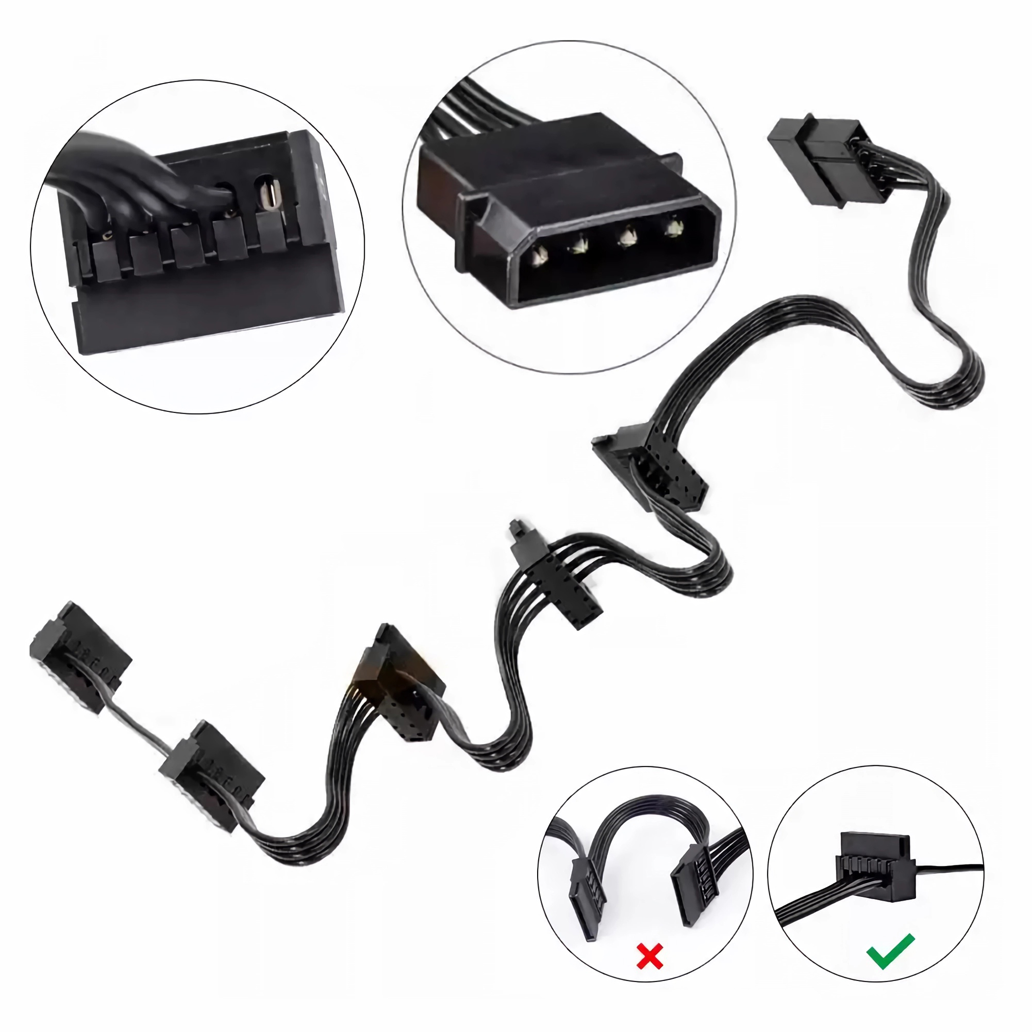 Nahaufnahmen von schwarzen SATA-Kabeln mit Steckern, mit einer Hand, die einen schwarzen Stecker hält.