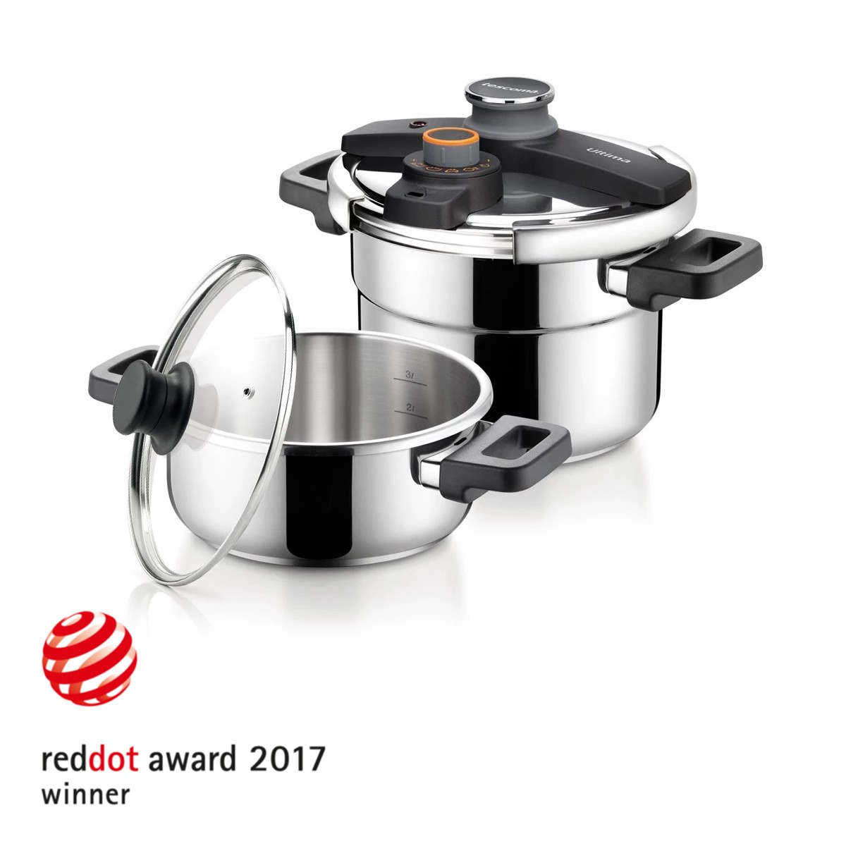 Zwei Edelstahl-Schnellkochtöpfe mit Deckel und einem Red Dot Award Gewinner-Logo.