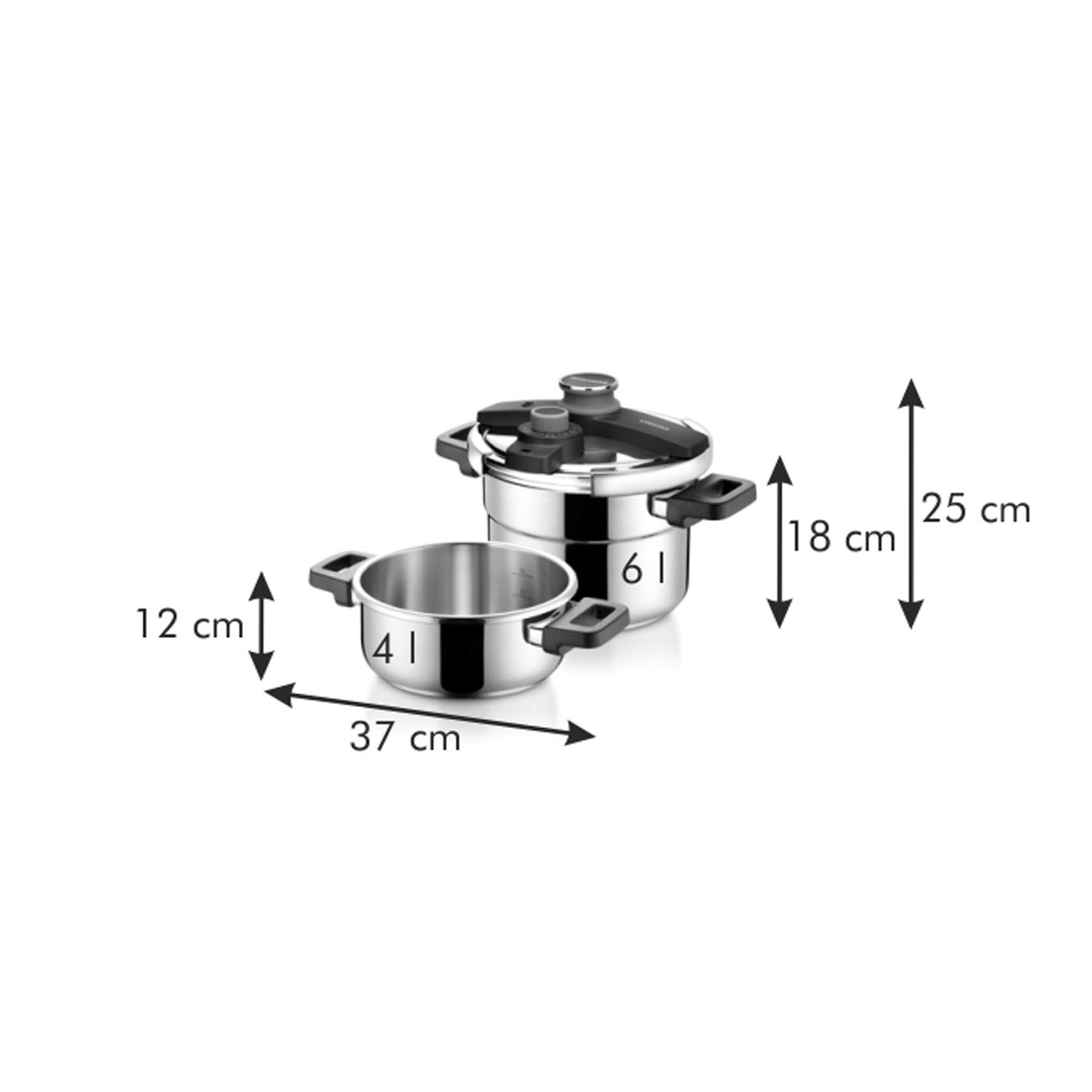 Edelstahl-Schnellkochtopf-Set mit Abmessungen in cm und Pfeilen.