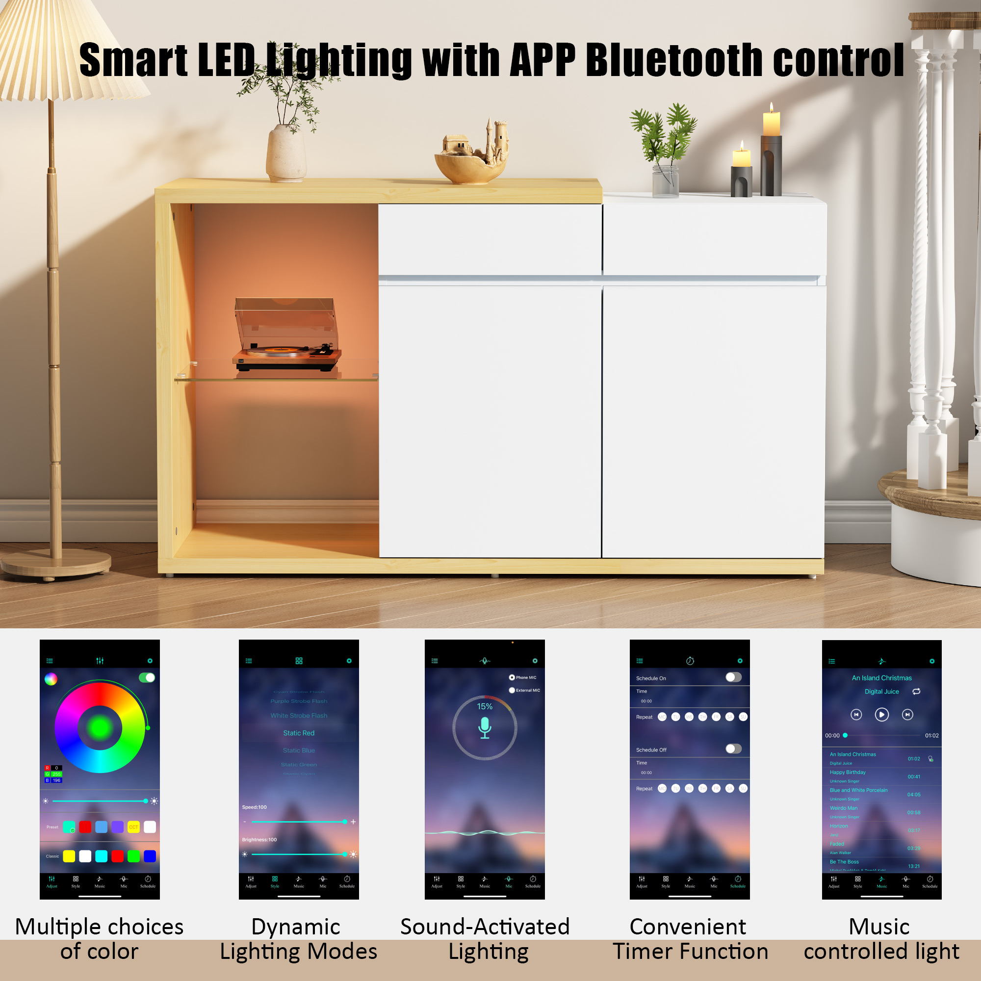 Holzschrank mit weißen Türen, Glasregal und Handy-Apps, die Beleuchtungsmodi zeigen.