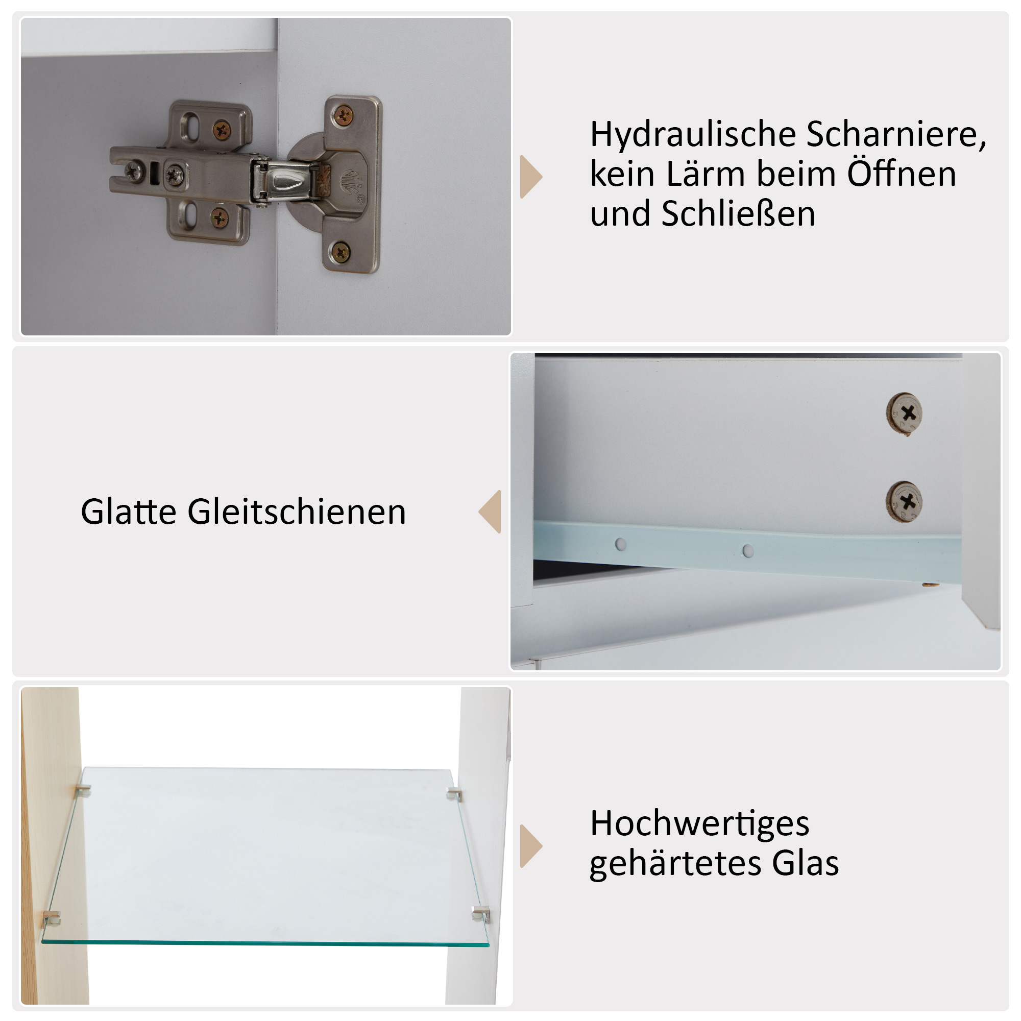 Nahaufnahmen von Details eines Schranks: Scharniere, Schubladenschienen und ein Glasregal.