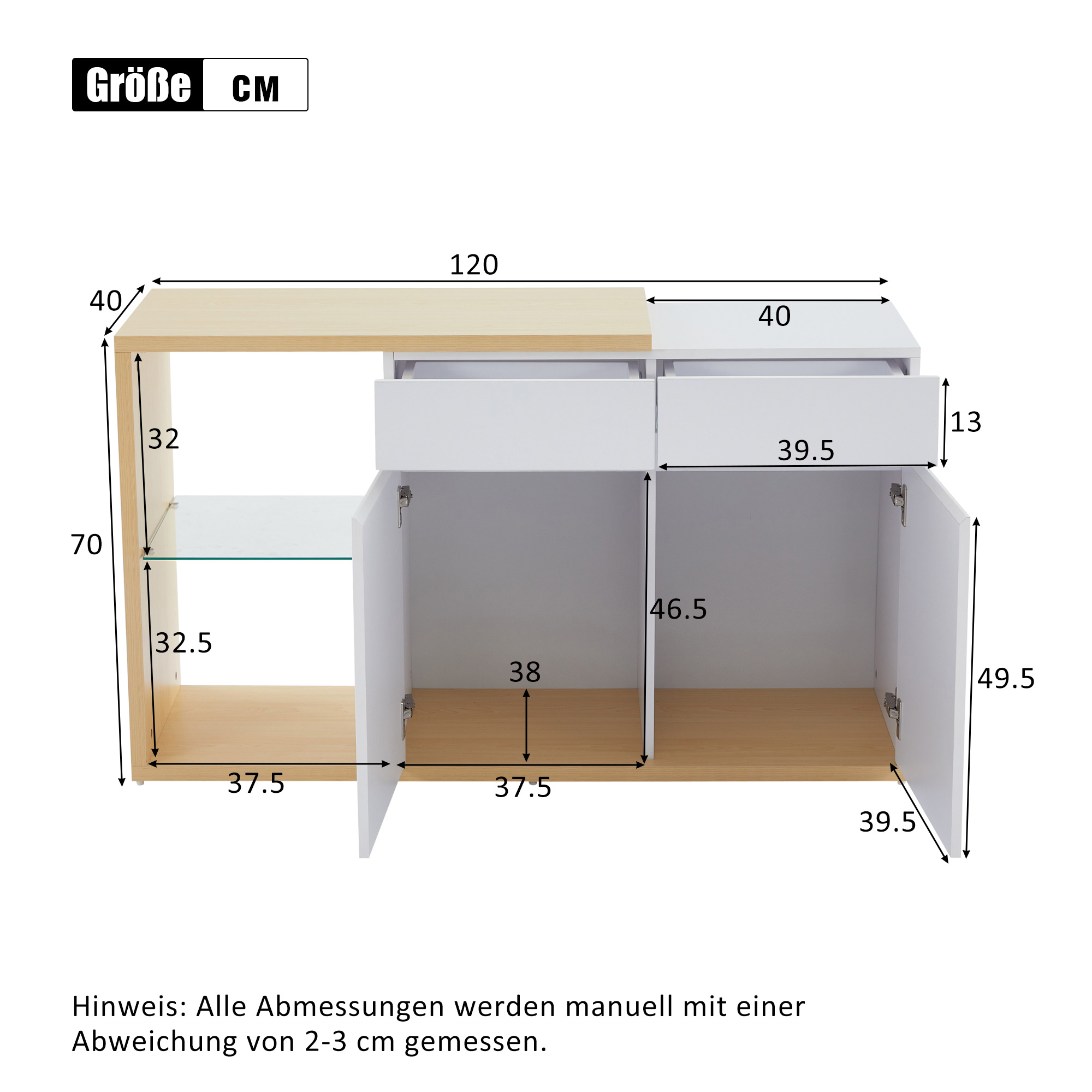 Holzschrank mit Maßen, geöffneten Türen und Schubladen.