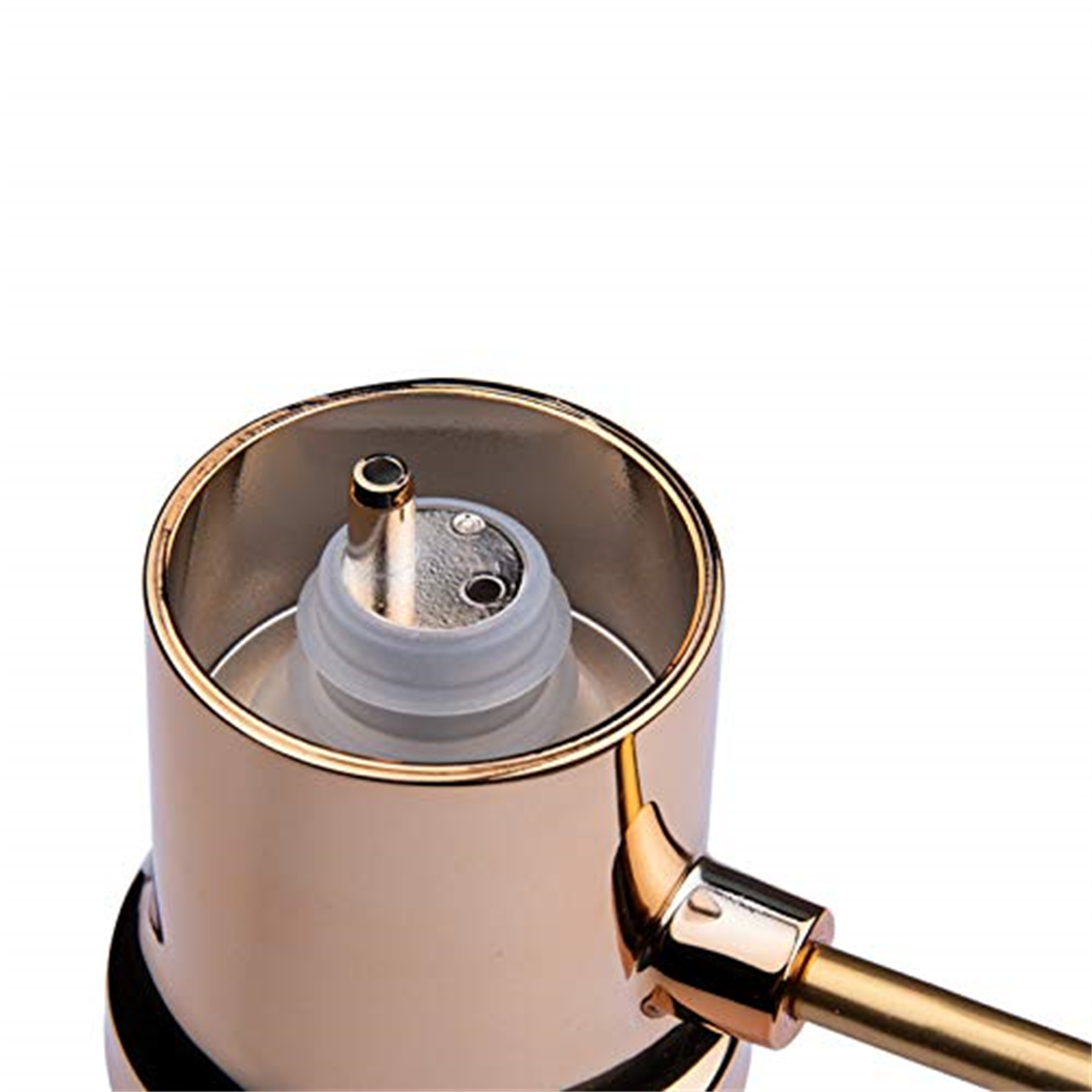 Nahaufnahme des oberen Teils eines gold-weißen elektrischen Weinbelüfters, mit goldenem Ausguss.