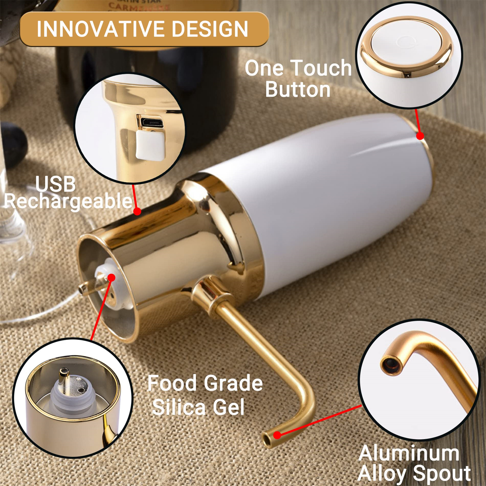 Bild zeigt einen elektrischen Weinbelüfter mit Etiketten: USB-wiederaufladbar, lebensmittelechtes Kieselgel und Aluminiumlegierungs-Ausguss.