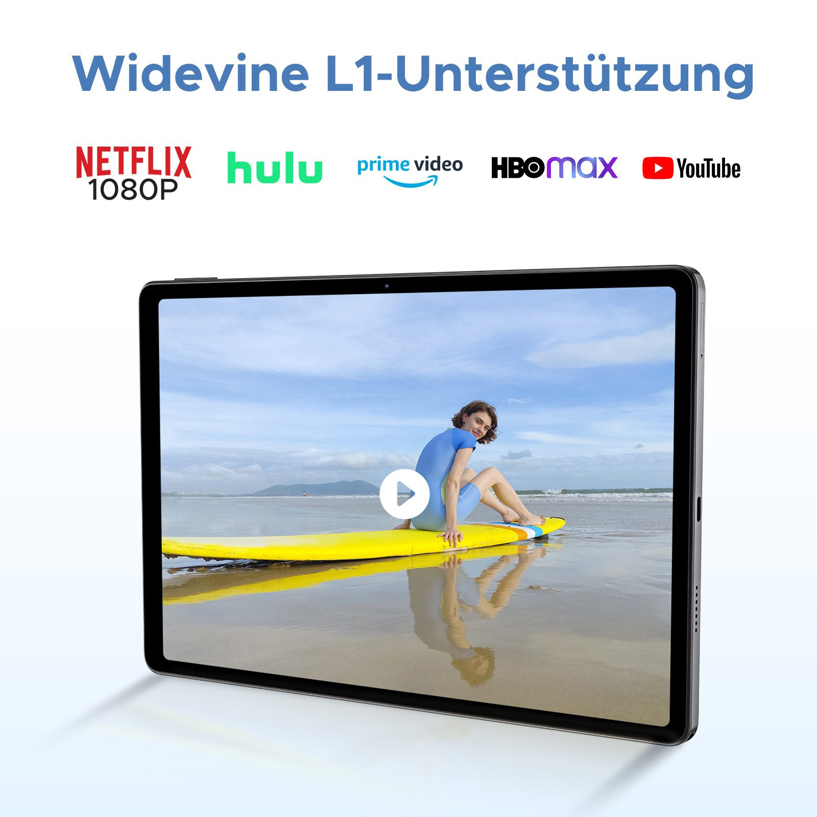 Tablet-Bildschirm, der eine Strandszene mit einer Frau auf einem gelben Surfbrett zeigt, unterstützt von Streaming-Apps.