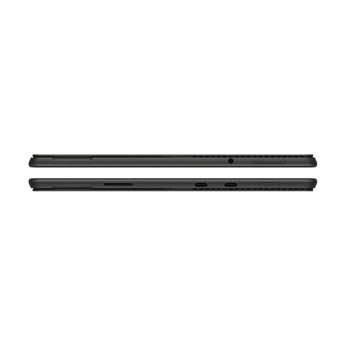 Dwa czarne urządzenia, prawdopodobnie tablety, umieszczone poziomo z widocznymi portami.