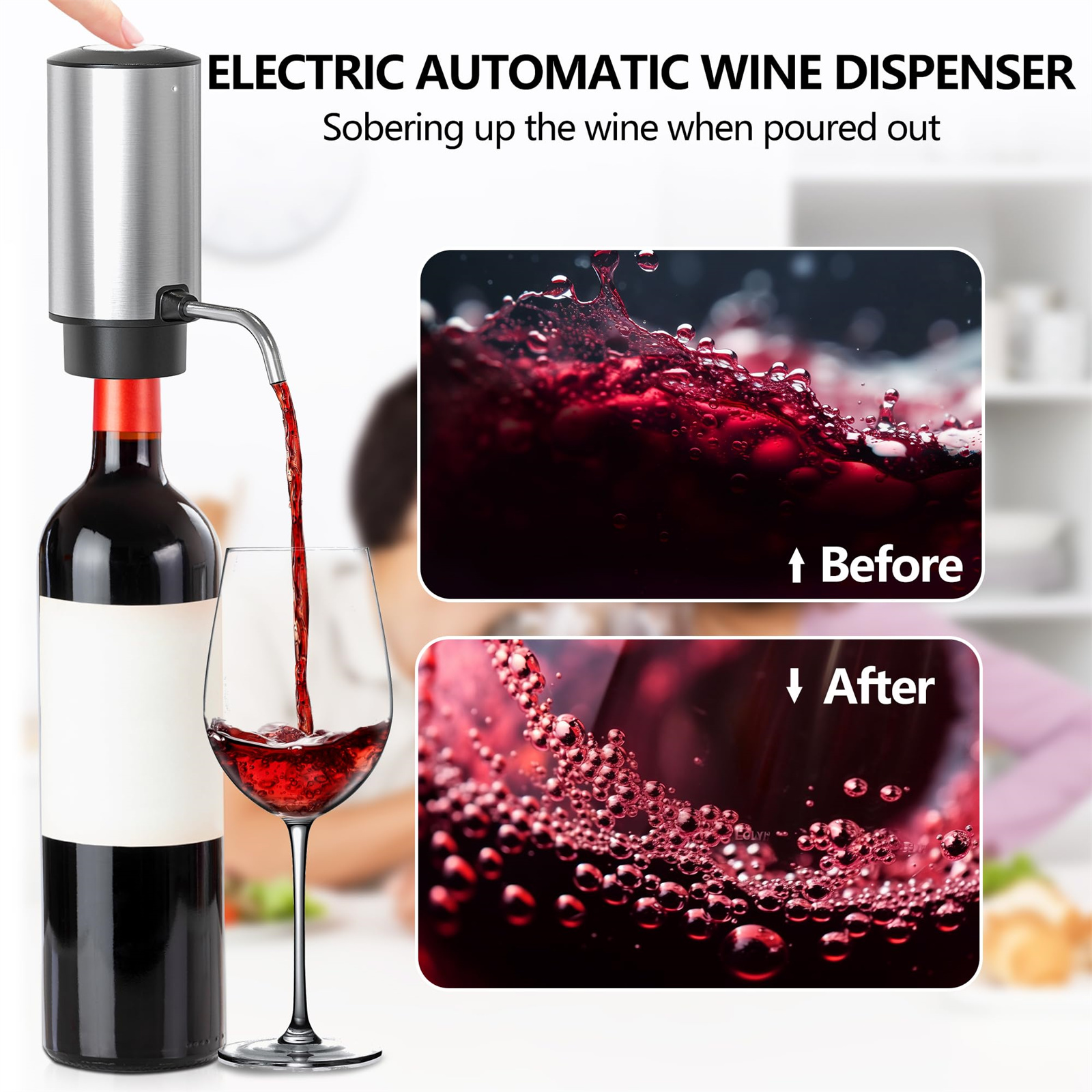 Eine Weinflasche mit einem Spender, der Wein in ein Glas gießt. Vorher- und Nachher-Weinbeispiele.