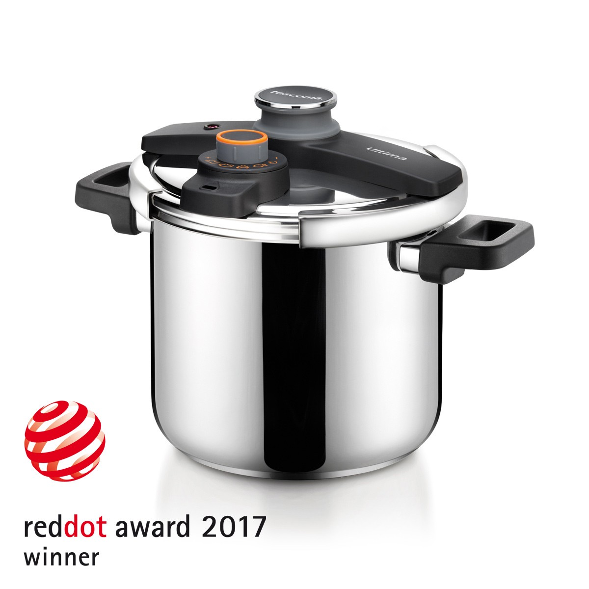 Ein Edelstahl-Schnellkochtopf mit schwarzen Griffen und grauem Deckel. Red Dot Award Logo.