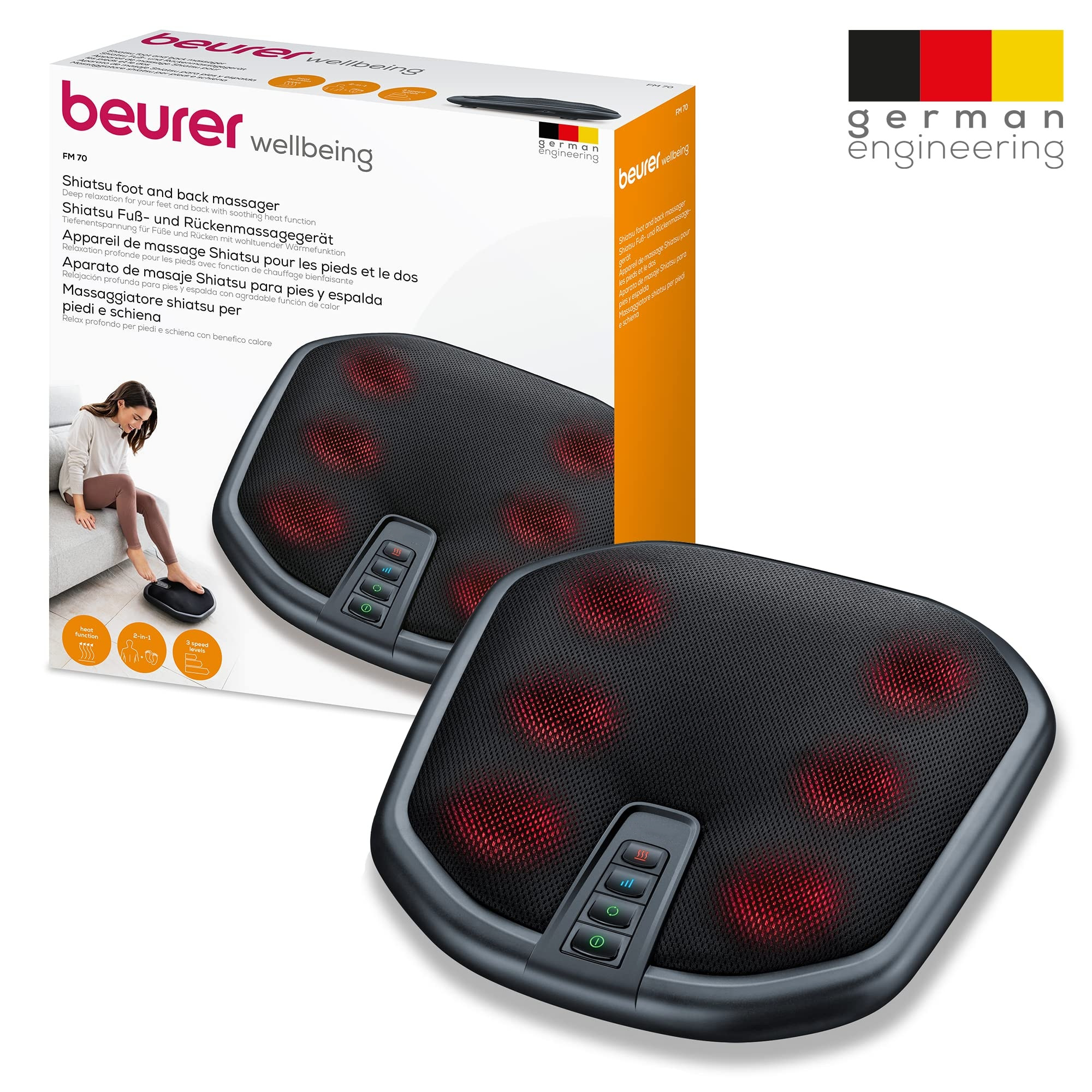Box mit Fuß- und Rückenmassagegerät und Produktdetails; zwei Massagegeräte werden gezeigt.