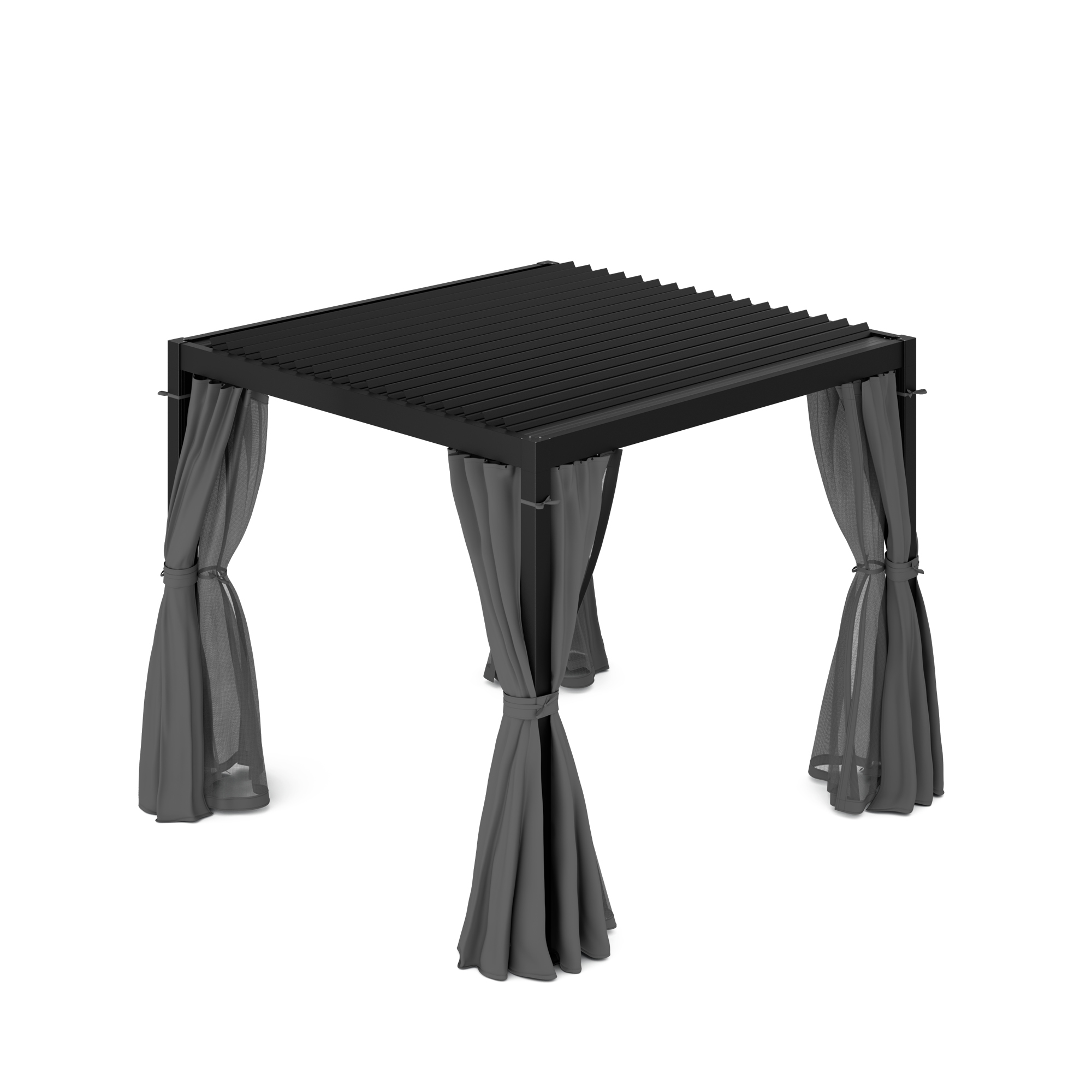 Schwarze Pergola mit grauen zurückgebundenen Vorhängen. Weißer Hintergrund. Lamellendach.