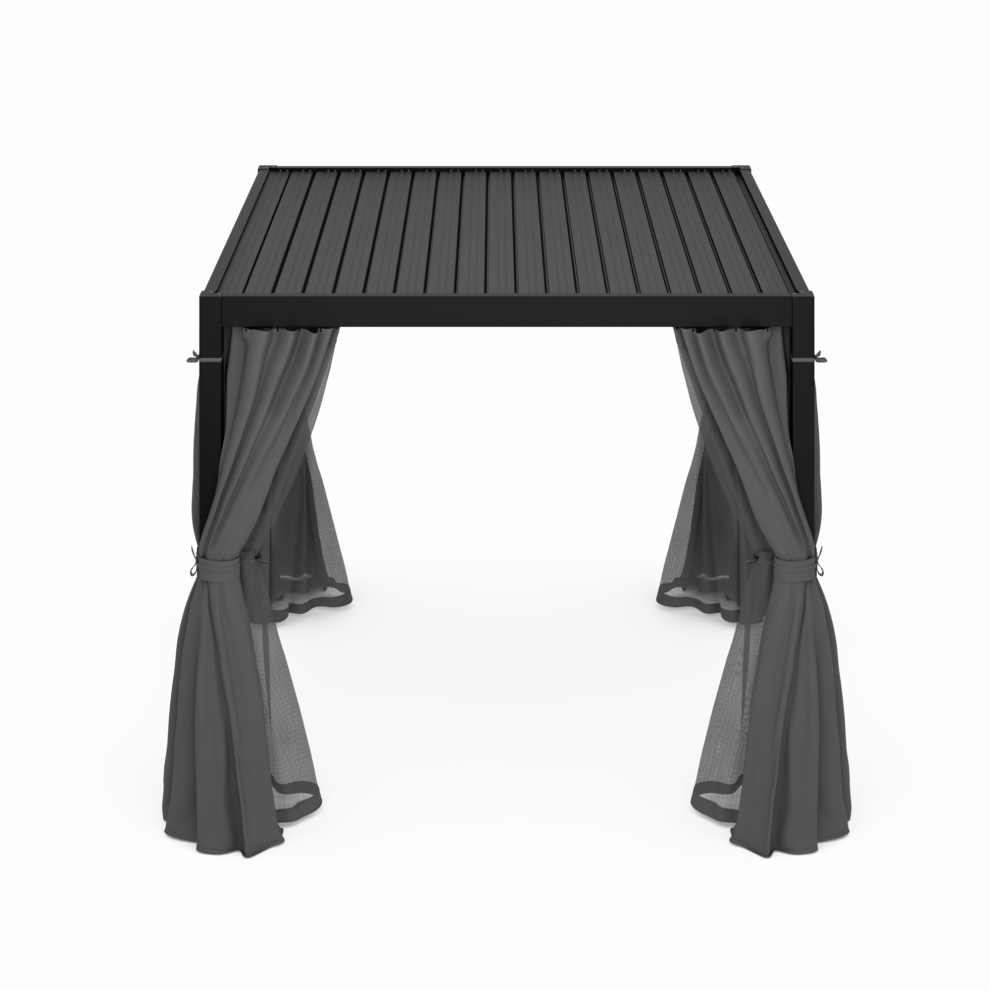 Schwarze Pergola mit Lamellendach und grauen Vorhängen. Sie hat eine quadratische Form.