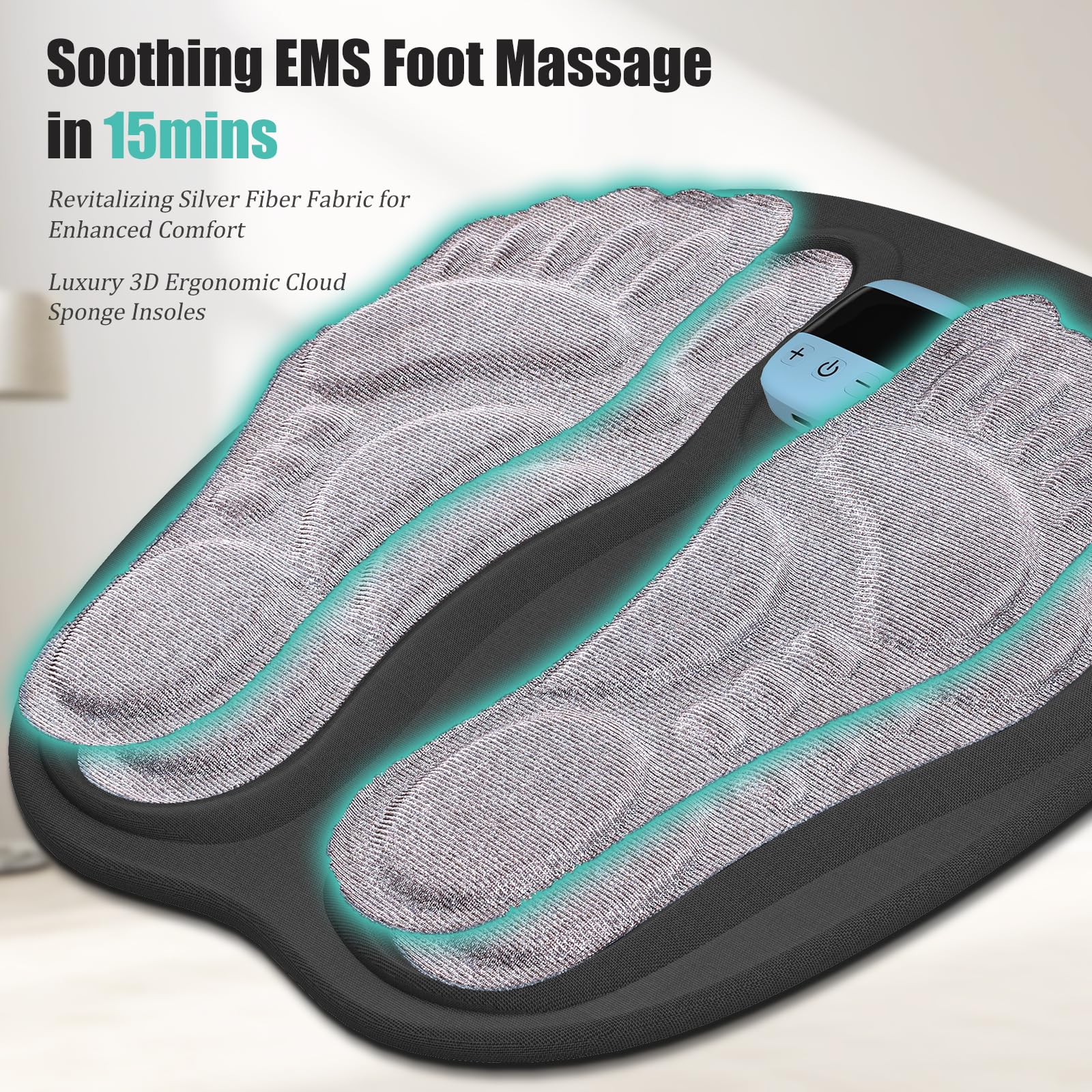 Ein Fußmassagegerät mit einem grauen Bereich, in dem die Füße platziert werden. Der Text weist auf Silberfaserstoff und Schwammeinlegesohlen hin.