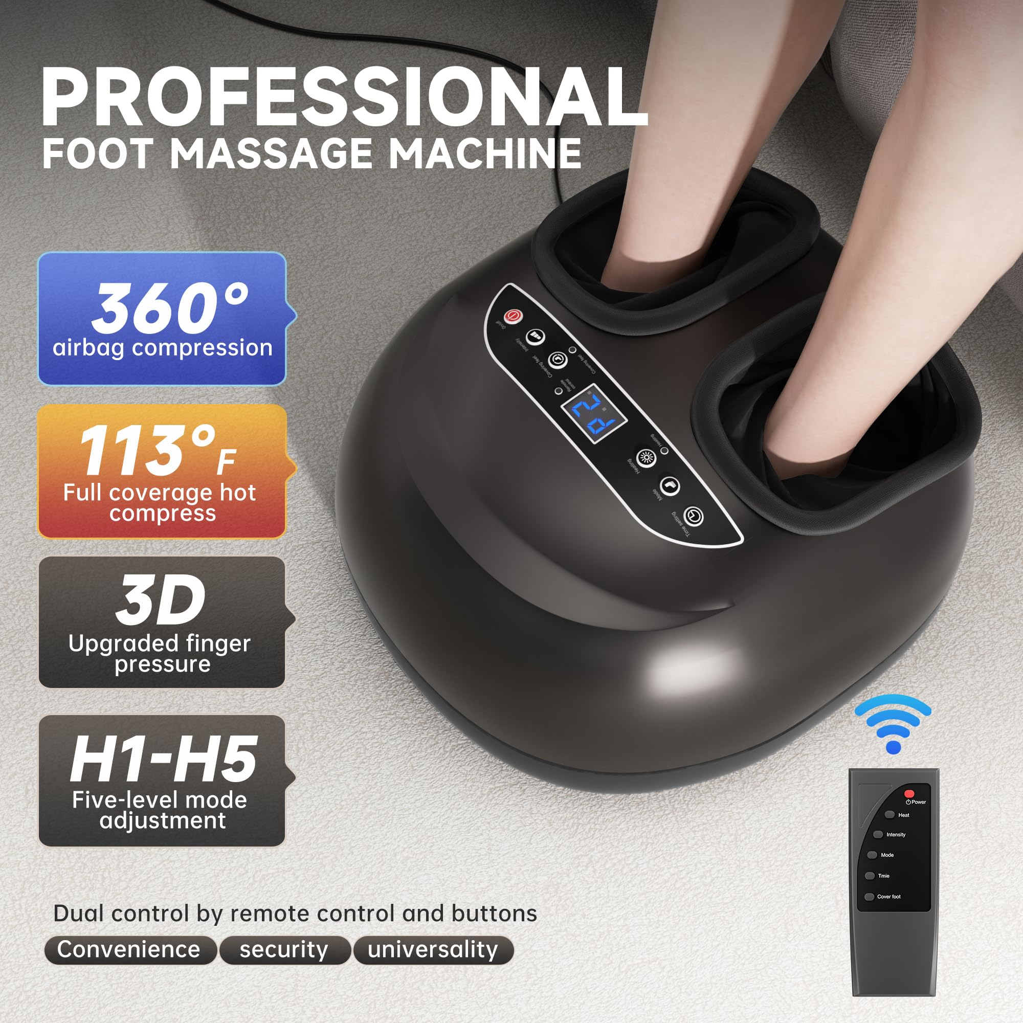 Professionelles Fußmassagegerät mit Füßen, Fernbedienung und Symbolen.