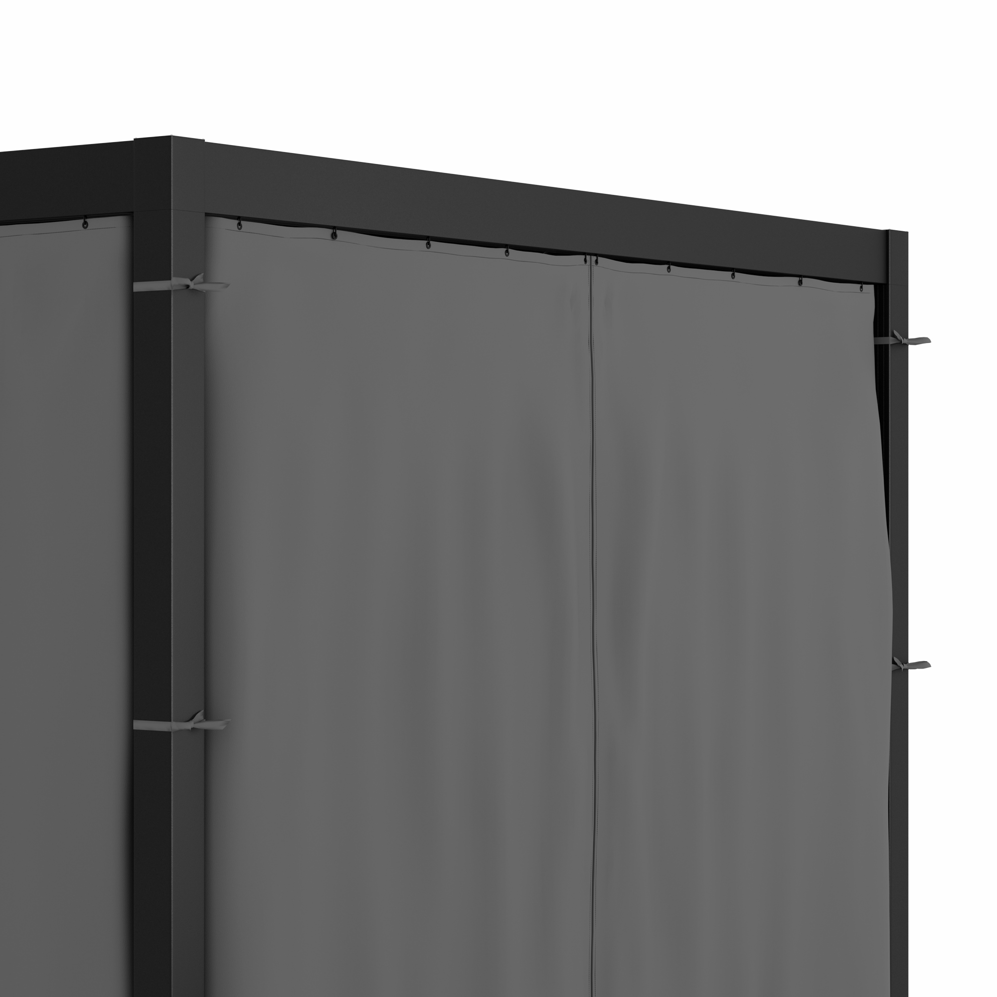 Nahaufnahme eines Pavillons mit grauen Vorhängen, die am Rahmen befestigt sind. Weißer Hintergrund.