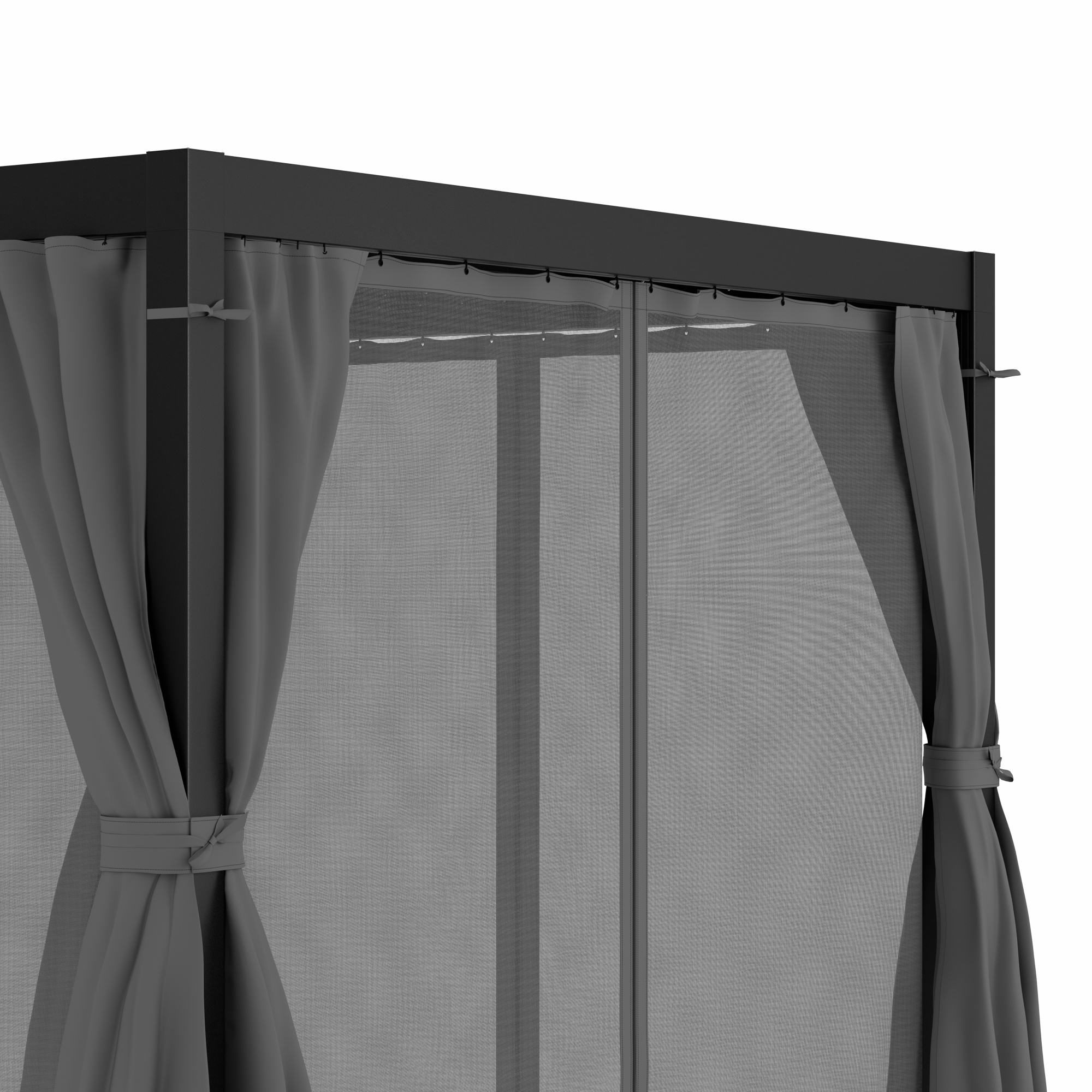 Nahaufnahme einer schwarzen Pergola mit grauen Vorhängen, von innen gesehen. Die Vorhänge sind gebunden.