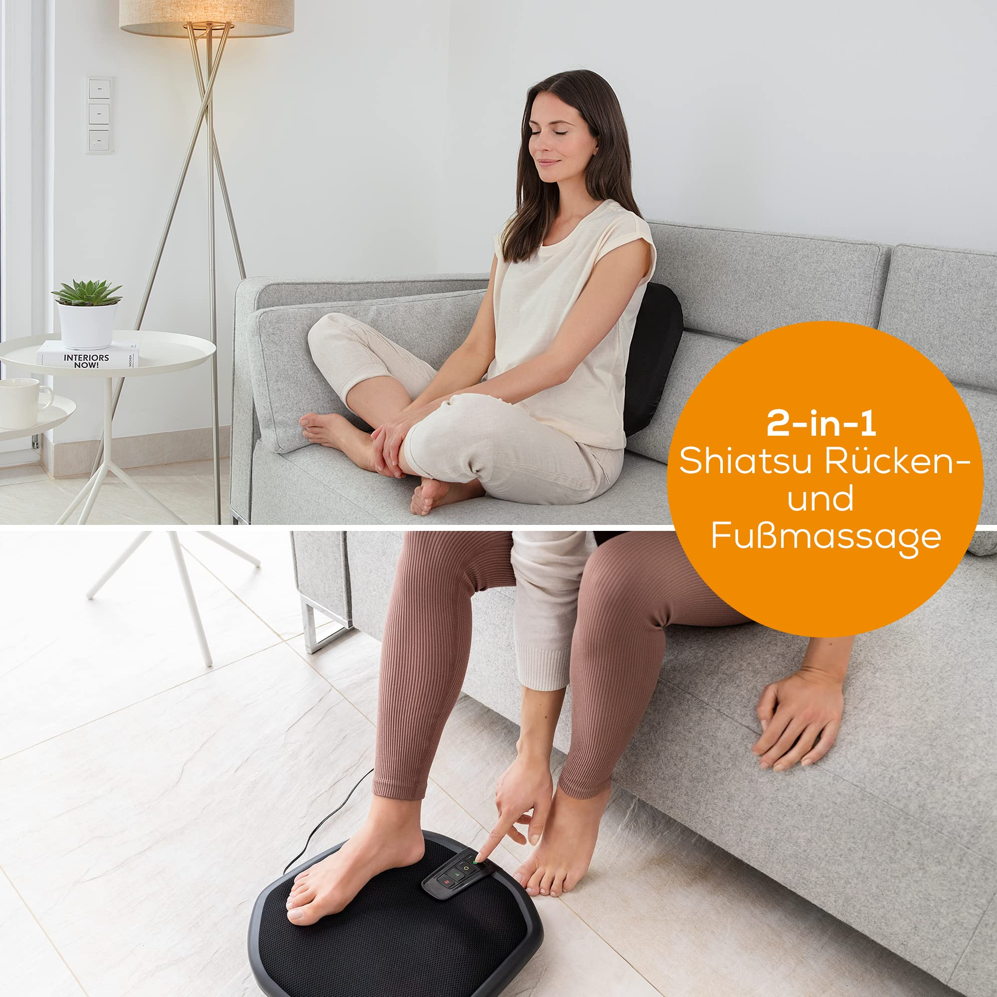 Eine Frau sitzt auf einem Sofa und benutzt einen Rücken- und Fußmassagegerät. Eine Nahaufnahme zeigt die Fernbedienung und der Text sagt 2-in-1 Shiatsu.