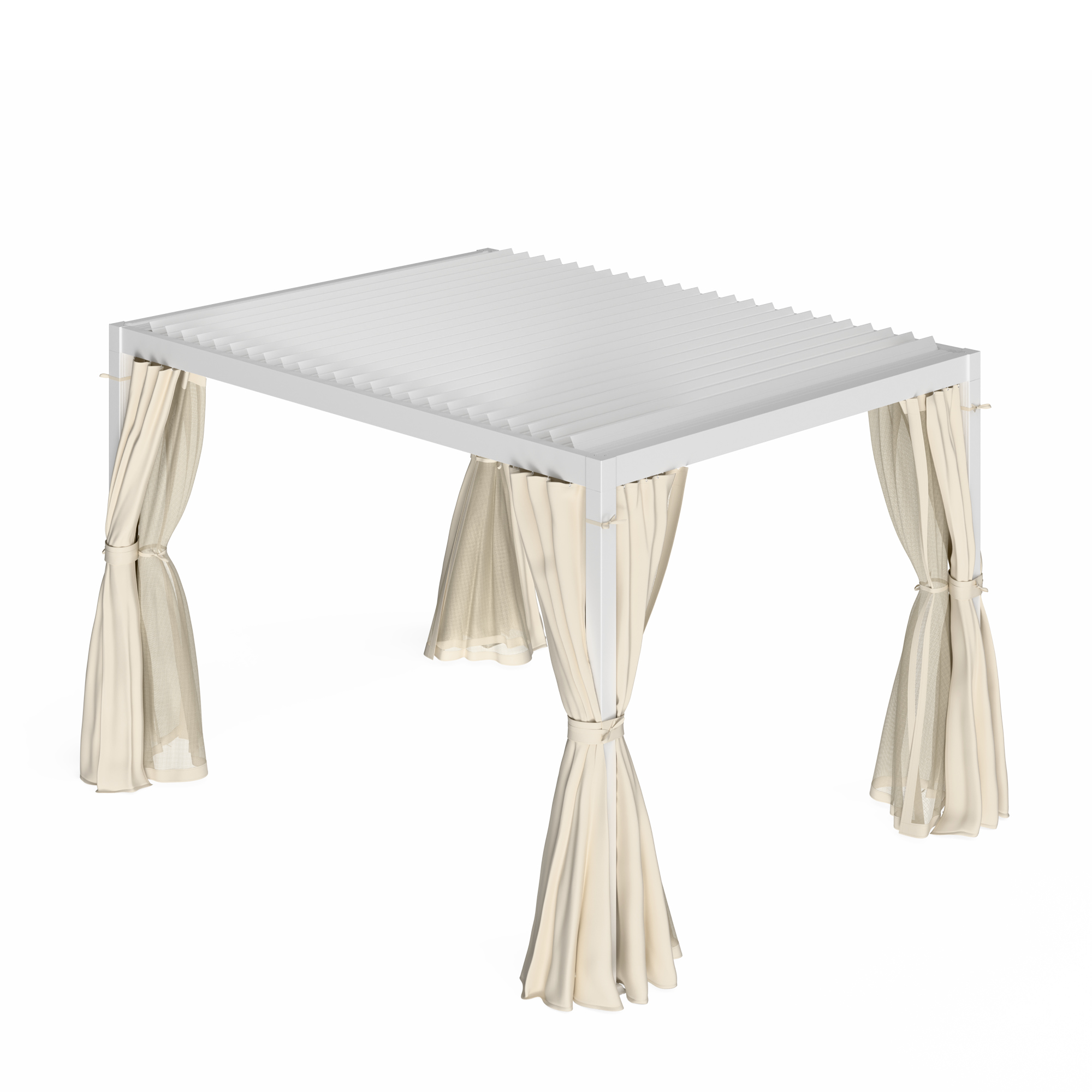 Eine weiße Pergola mit Lamellendach und cremefarbenen Vorhängen. Die Vorhänge sind an den Seiten hochgebunden.