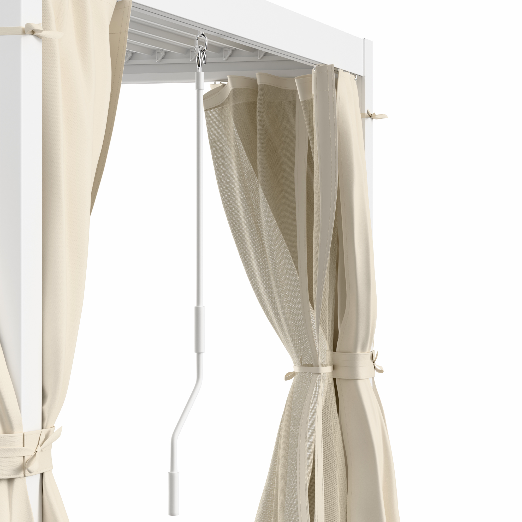 Nahaufnahme einer Pergola mit cremefarbenem Vorhang und einer weißen, gebogenen Stange zum Öffnen und Schließen des Vorhangs.