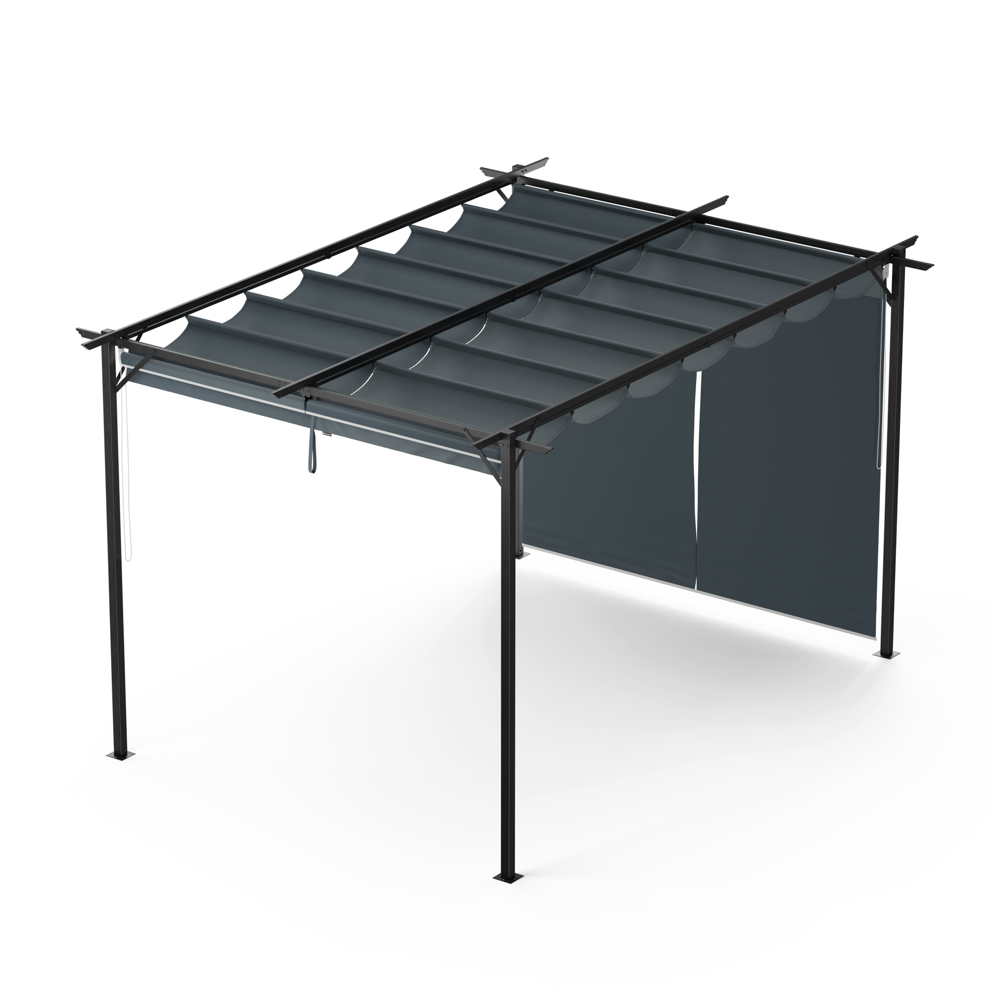 Graue und schwarze Pergola isoliert auf weißem Hintergrund.