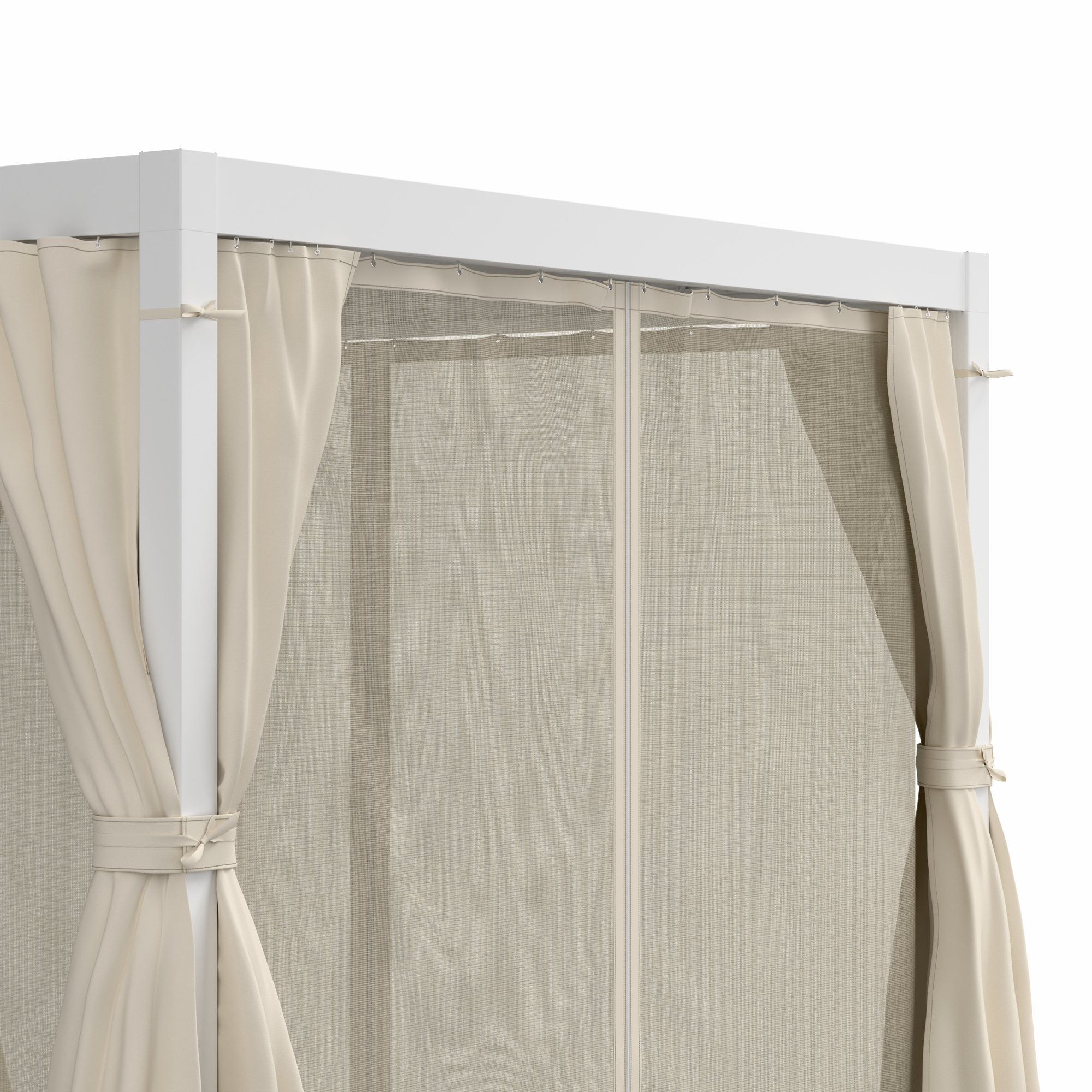 Nahaufnahme einer weißen Pergola mit beigen Vorhängen.