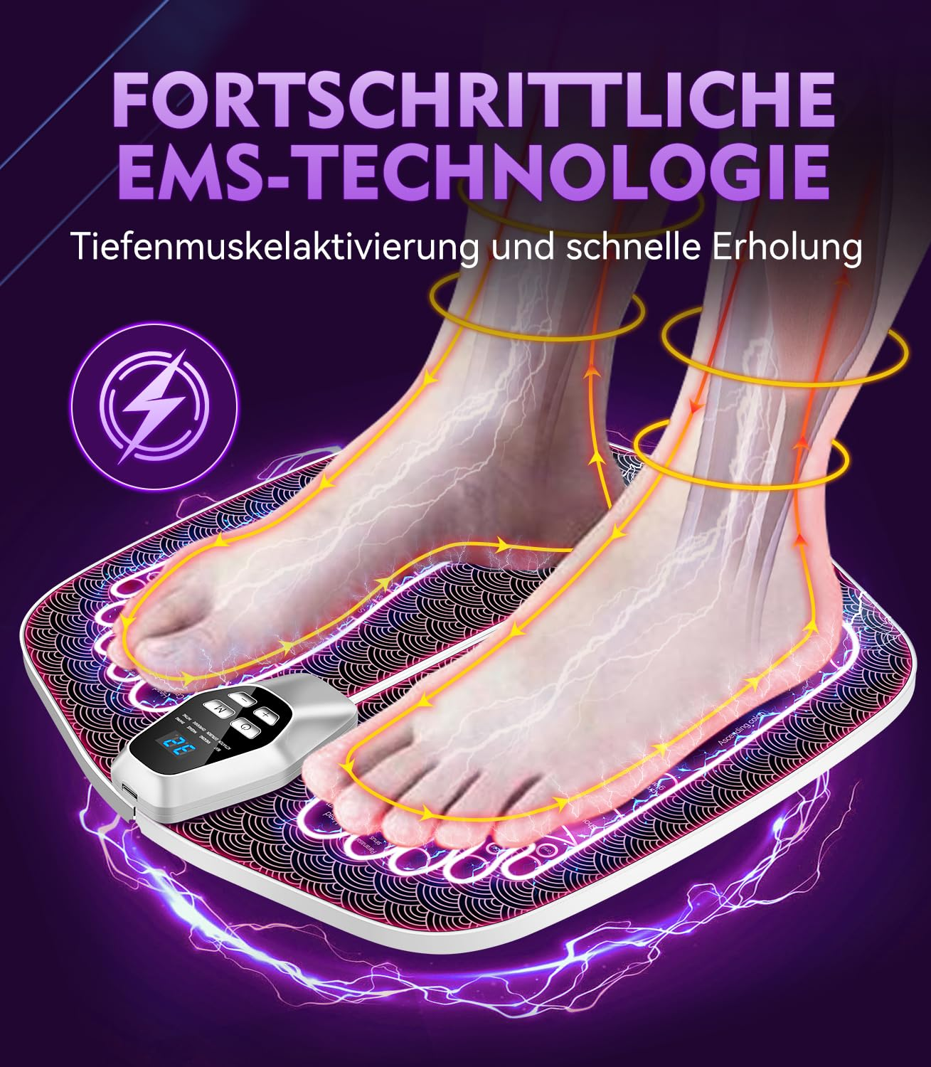 Fußmassagegerät in Aktion, zeigt die Füße und die Funktionen des Geräts.