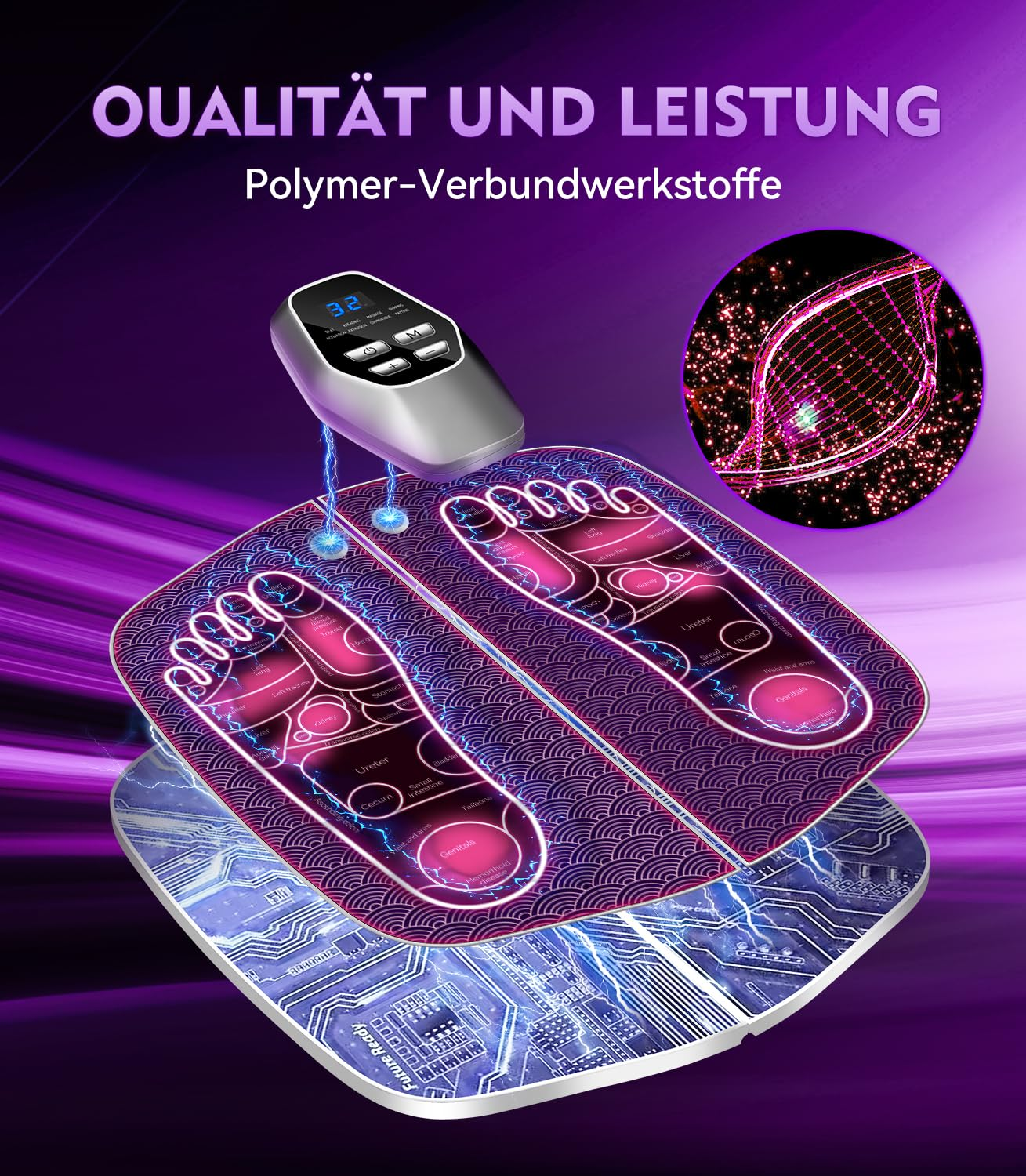 Fußmassagegerät mit Controller. Lila und rosa Design. Elektrische Verbindungen gezeigt.