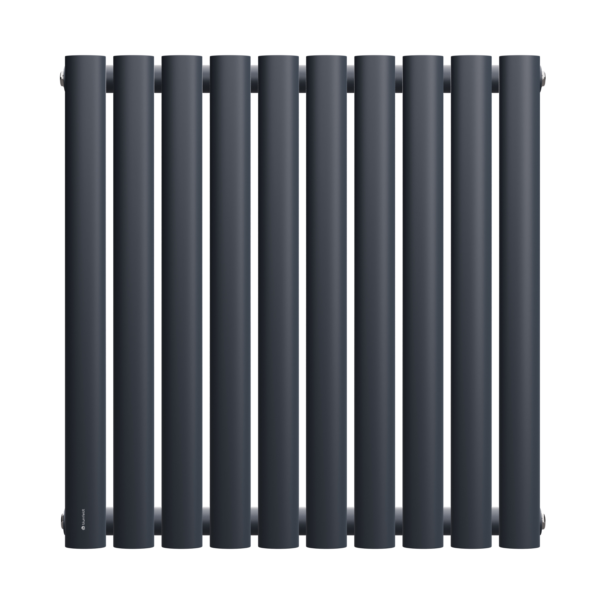 Radiatore verticale grigio scuro con dieci colonne arrotondate. Sfondo bianco.