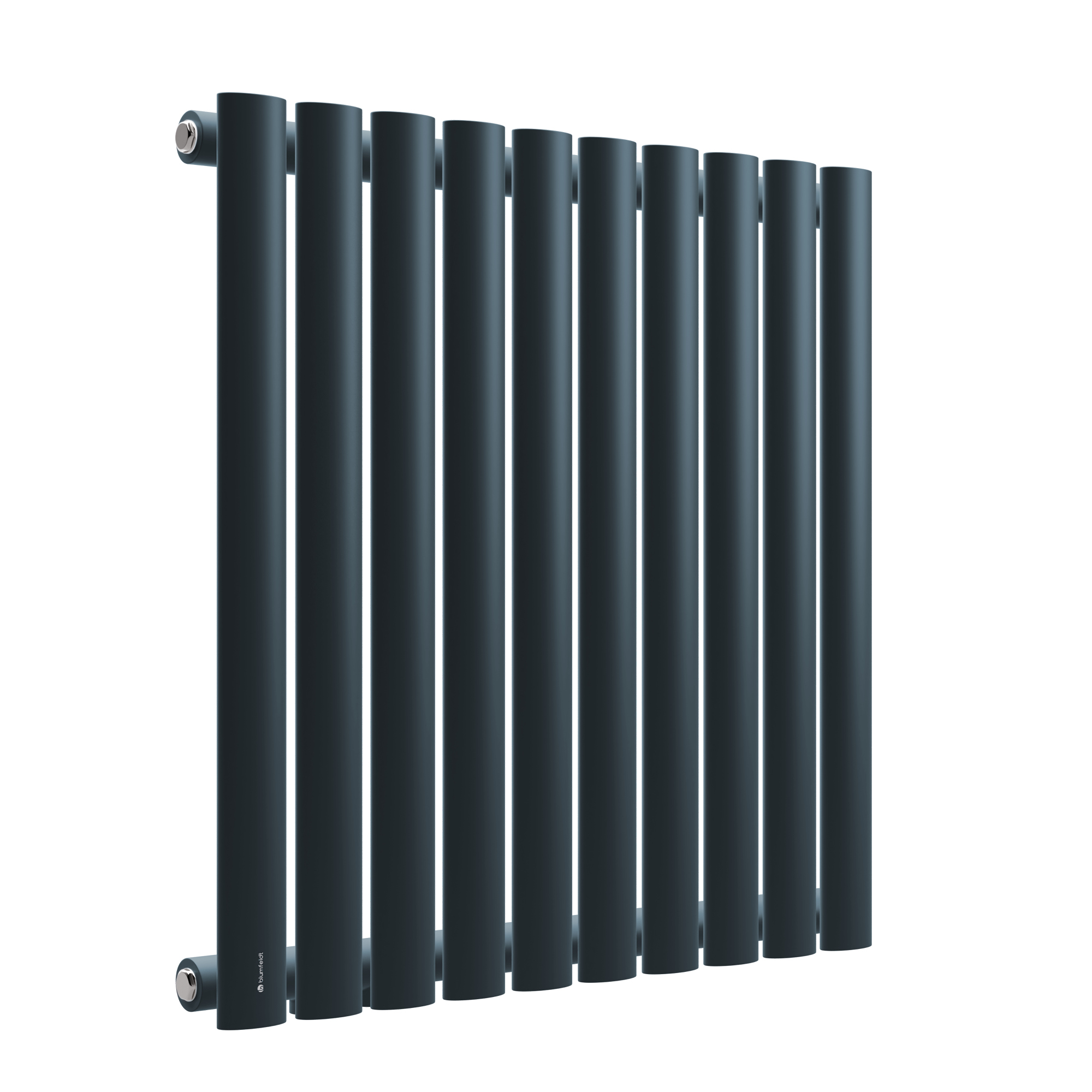 Radiatore verticale grigio scuro, con colonne cilindriche, isolato su sfondo bianco.