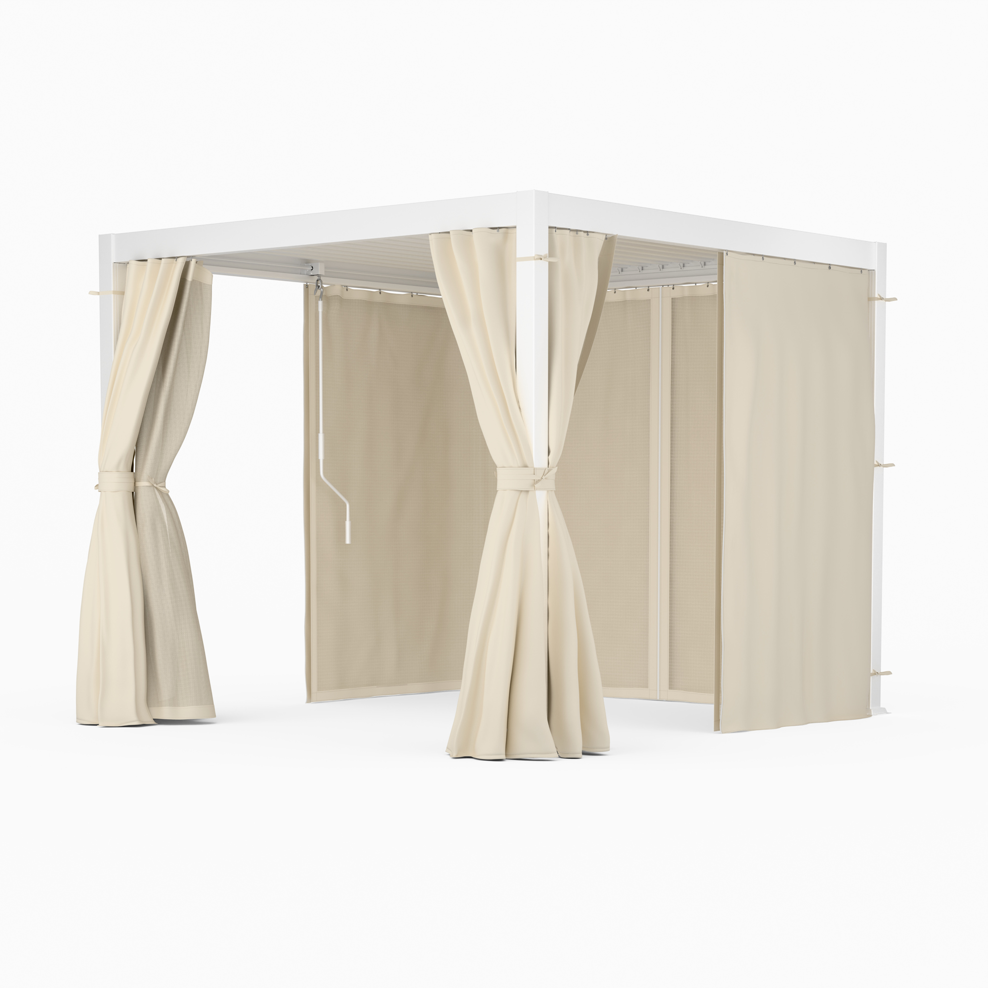 Pergola bianca con tende beige. Tende legate ai lati, aperte al centro.