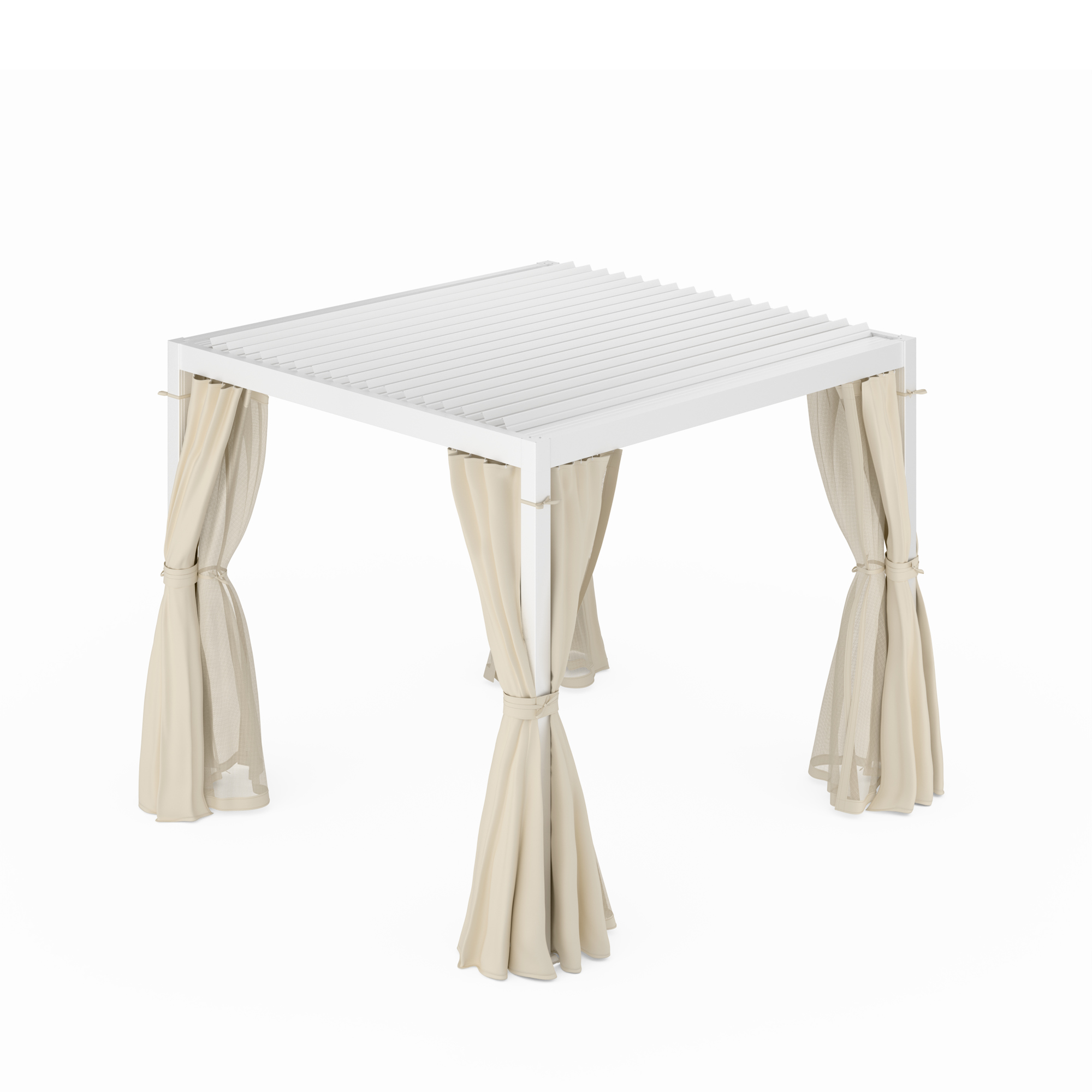 Pergola bianca con tende beige legate alle gambe. Isolato su sfondo bianco.