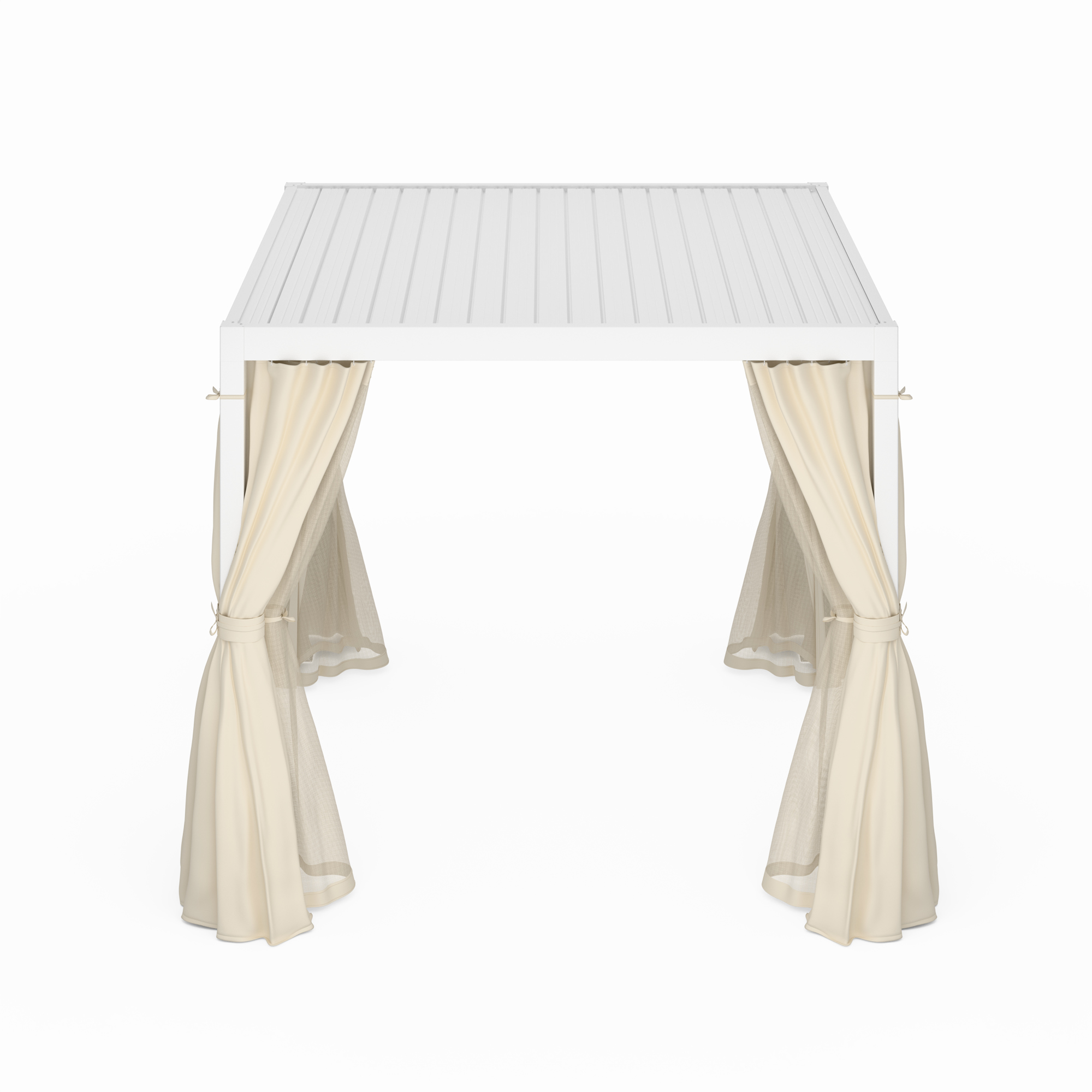 Pergola bianca con tende legate ai lati. Tende beige. Tetto bianco a doghe.