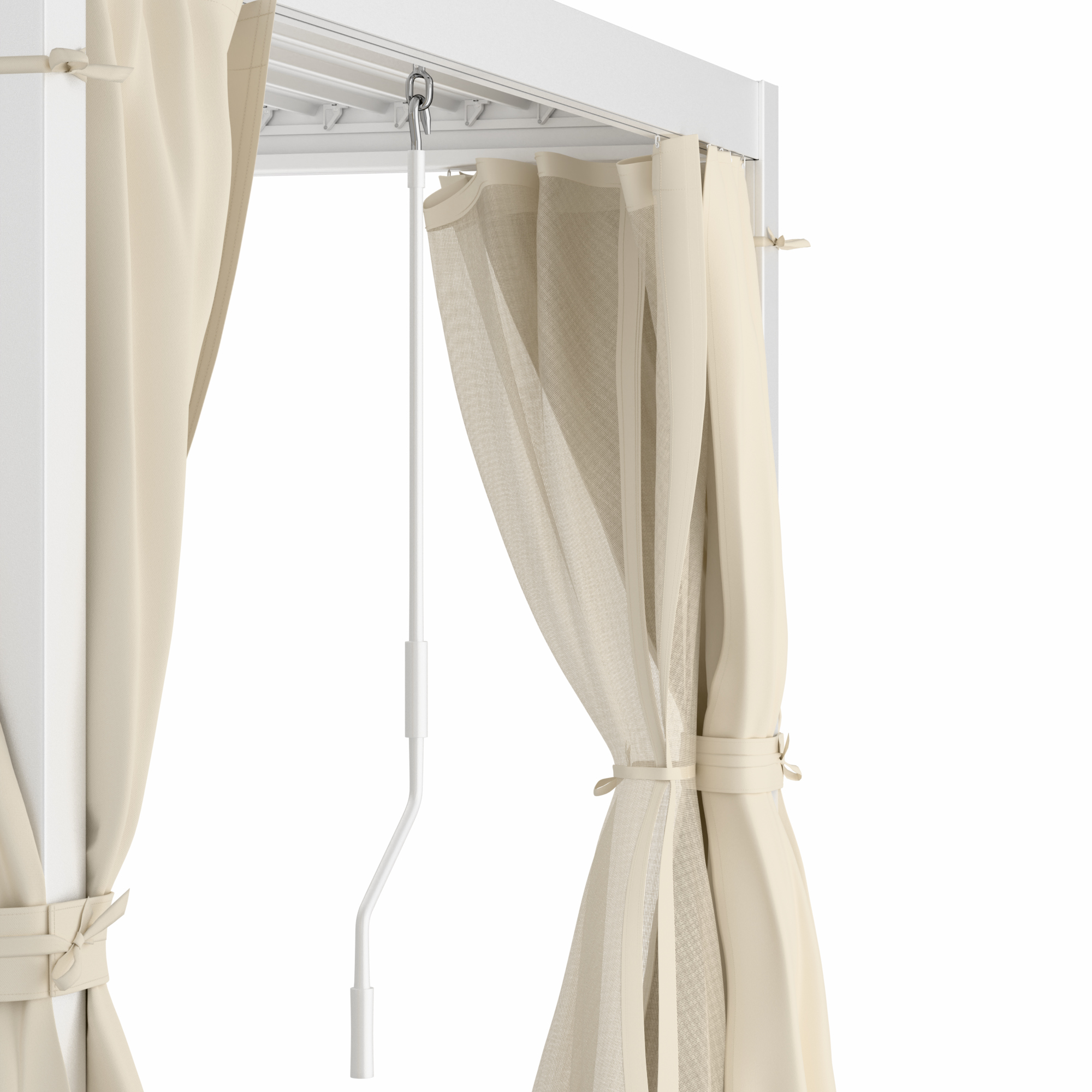 Pergola bianca con tende beige e manovella. Isolato su sfondo bianco.