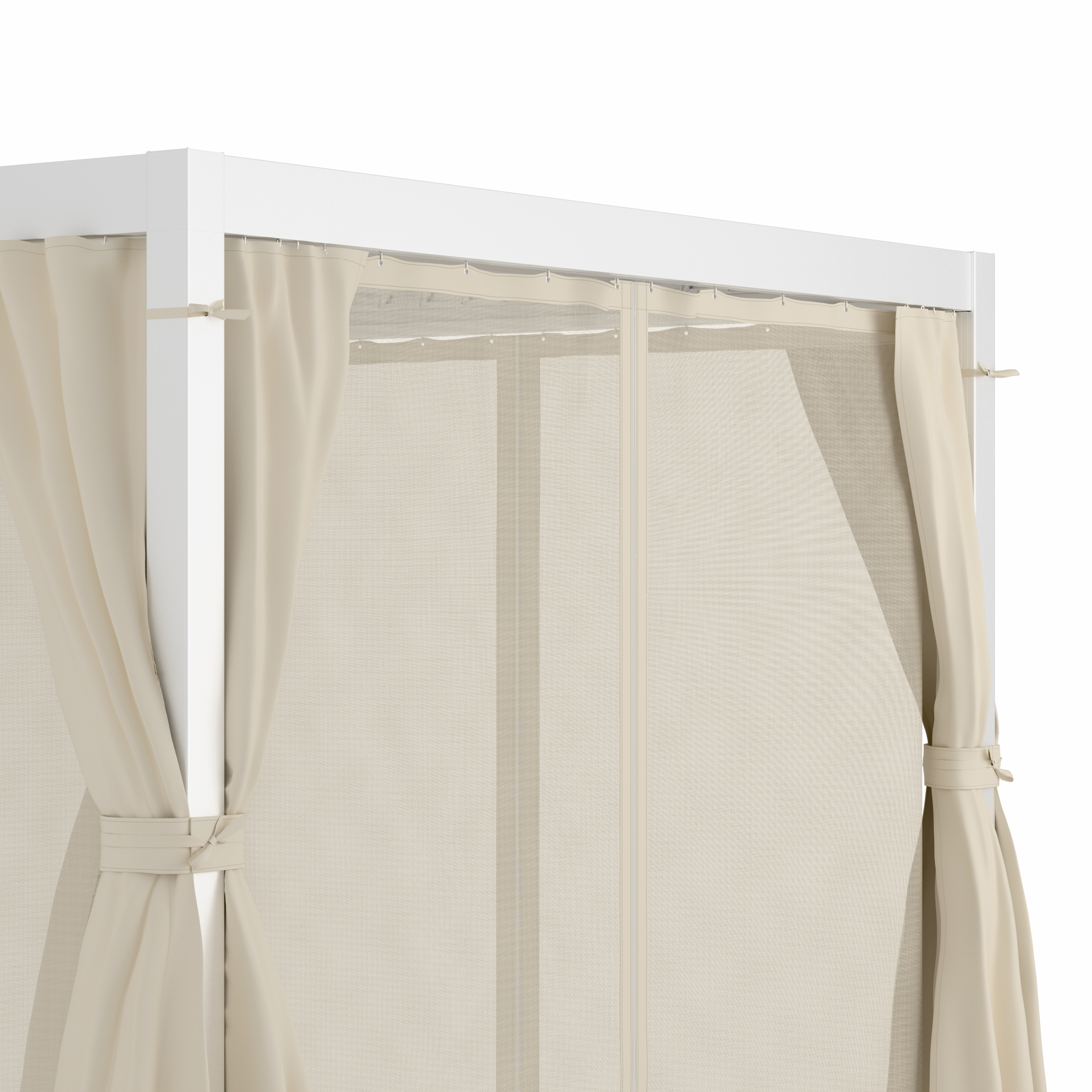 Primo piano della struttura di una pergola bianca con tende e rete beige. Cerniere visibili.
