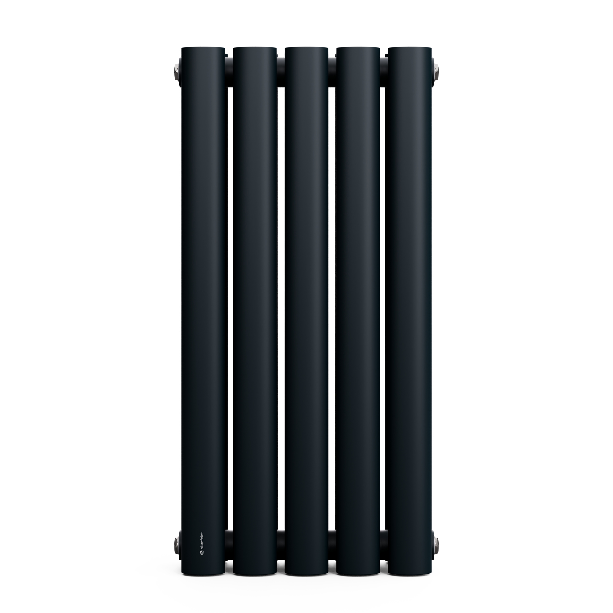 Radiatore verticale grigio scuro con colonne cilindriche, isolato su sfondo bianco.
