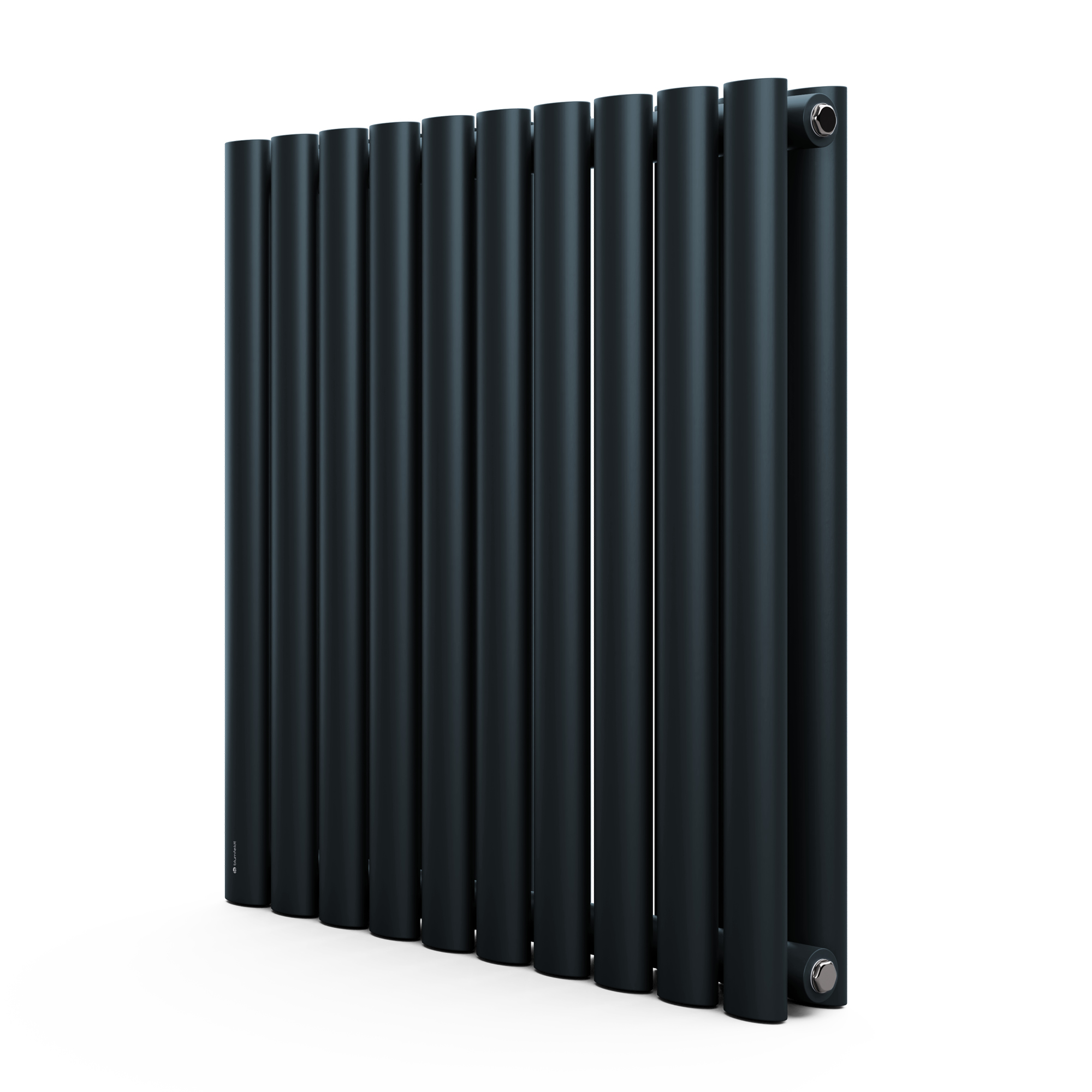 Un radiatore nero con barre verticali su una superficie bianca, che mostra il suo design moderno.