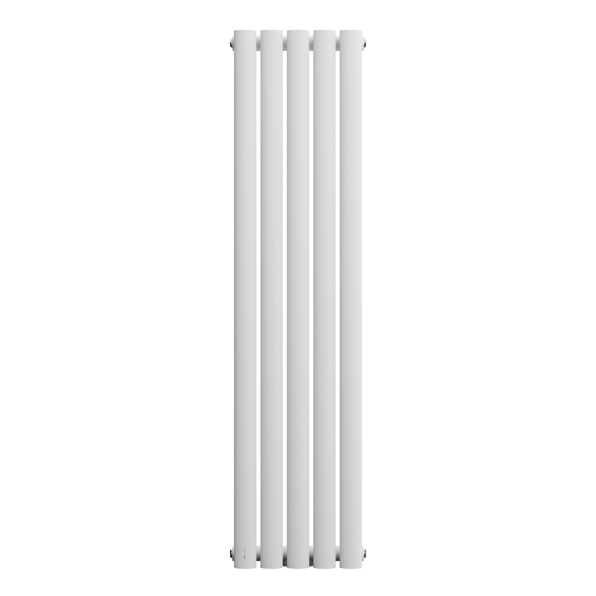 Un radiador vertical con cinco barras verticales blancas y redondeadas sobre un fondo blanco.