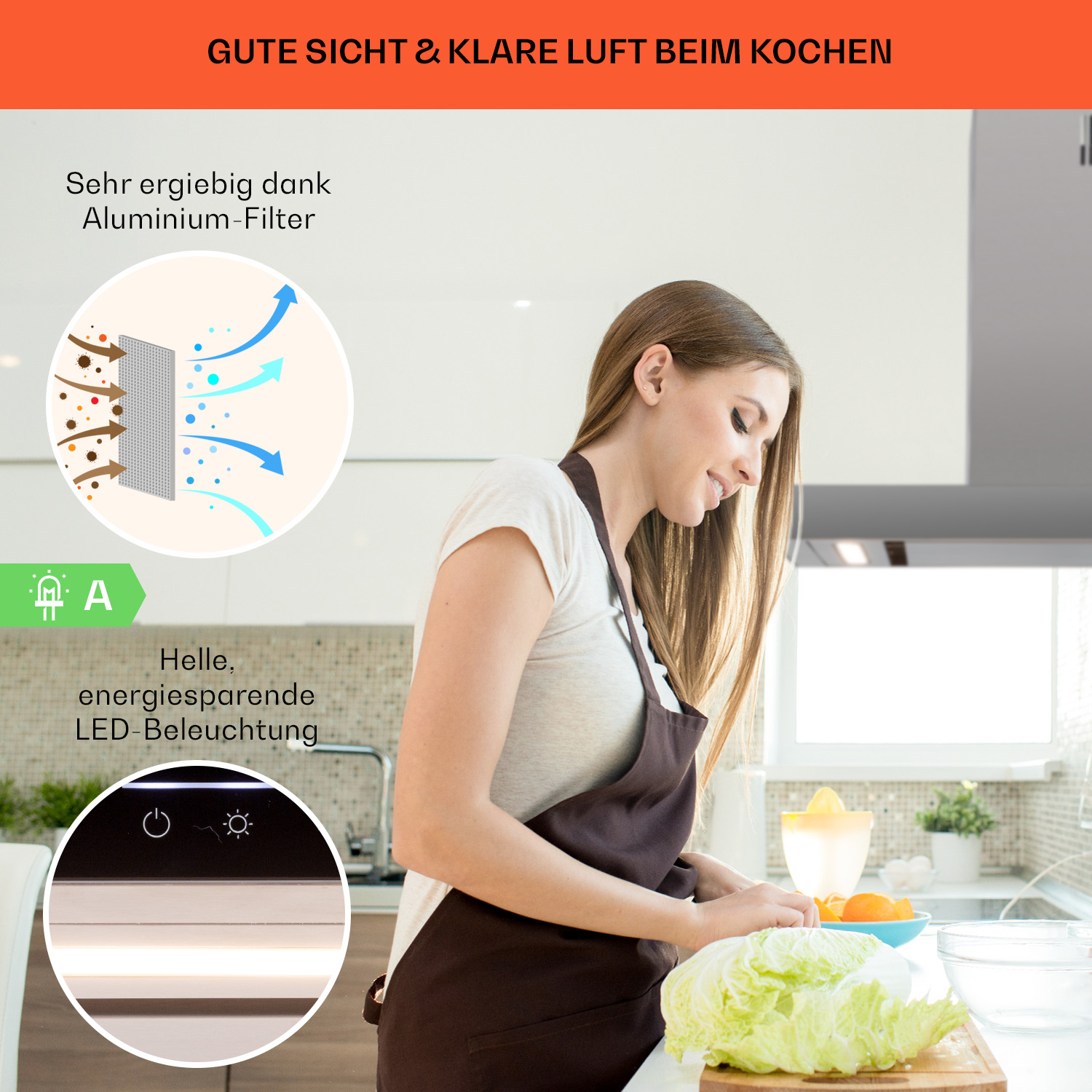 Eine Frau in einer Küche, die kocht, mit einer Dunstabzugshaube darüber. Die Haube hat Symbole und Text.